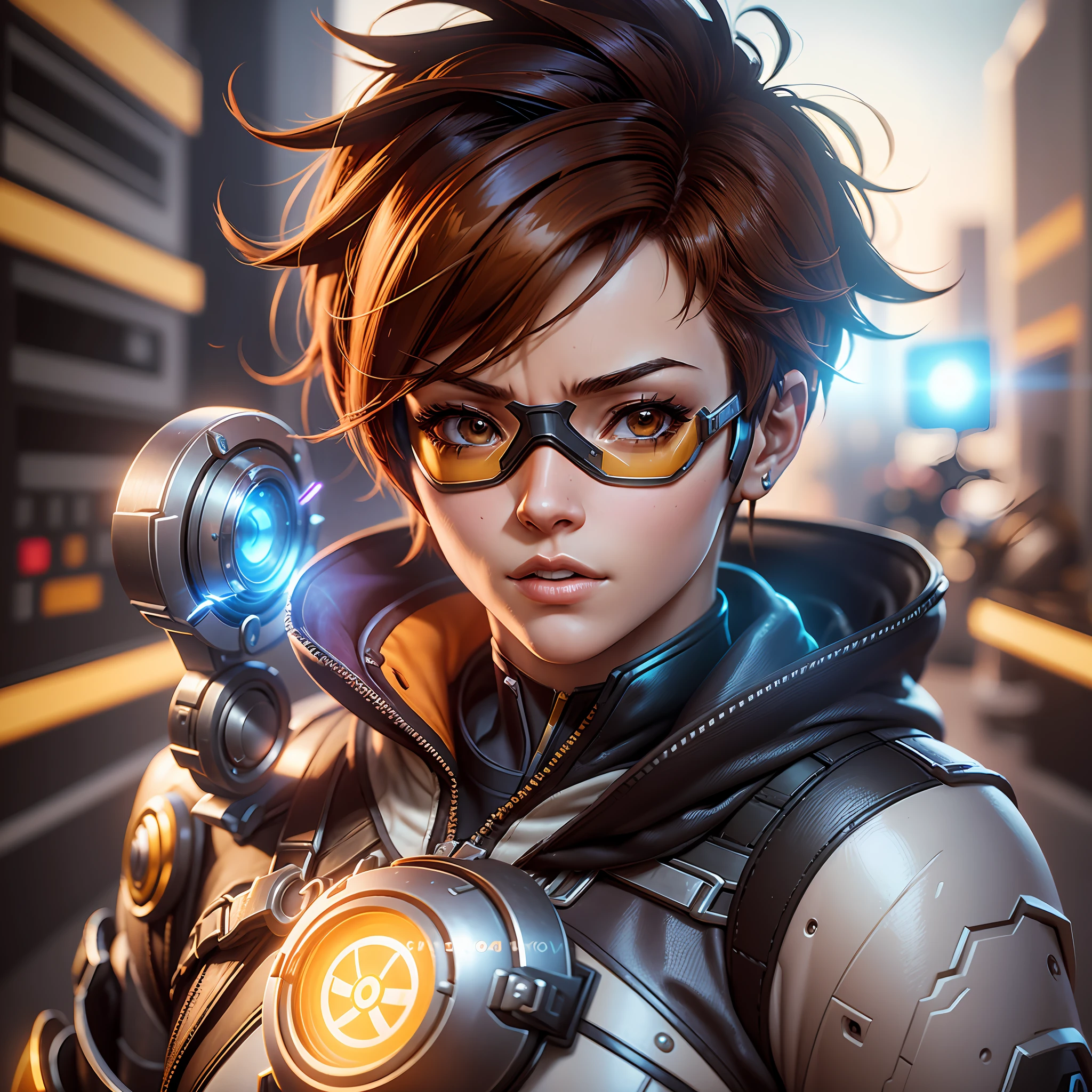 Screenshot of Overwatch, Tracer character using googles, cinematic composition, shaders, bright cinematic lighting, 1980x1200 video game --auto --s2