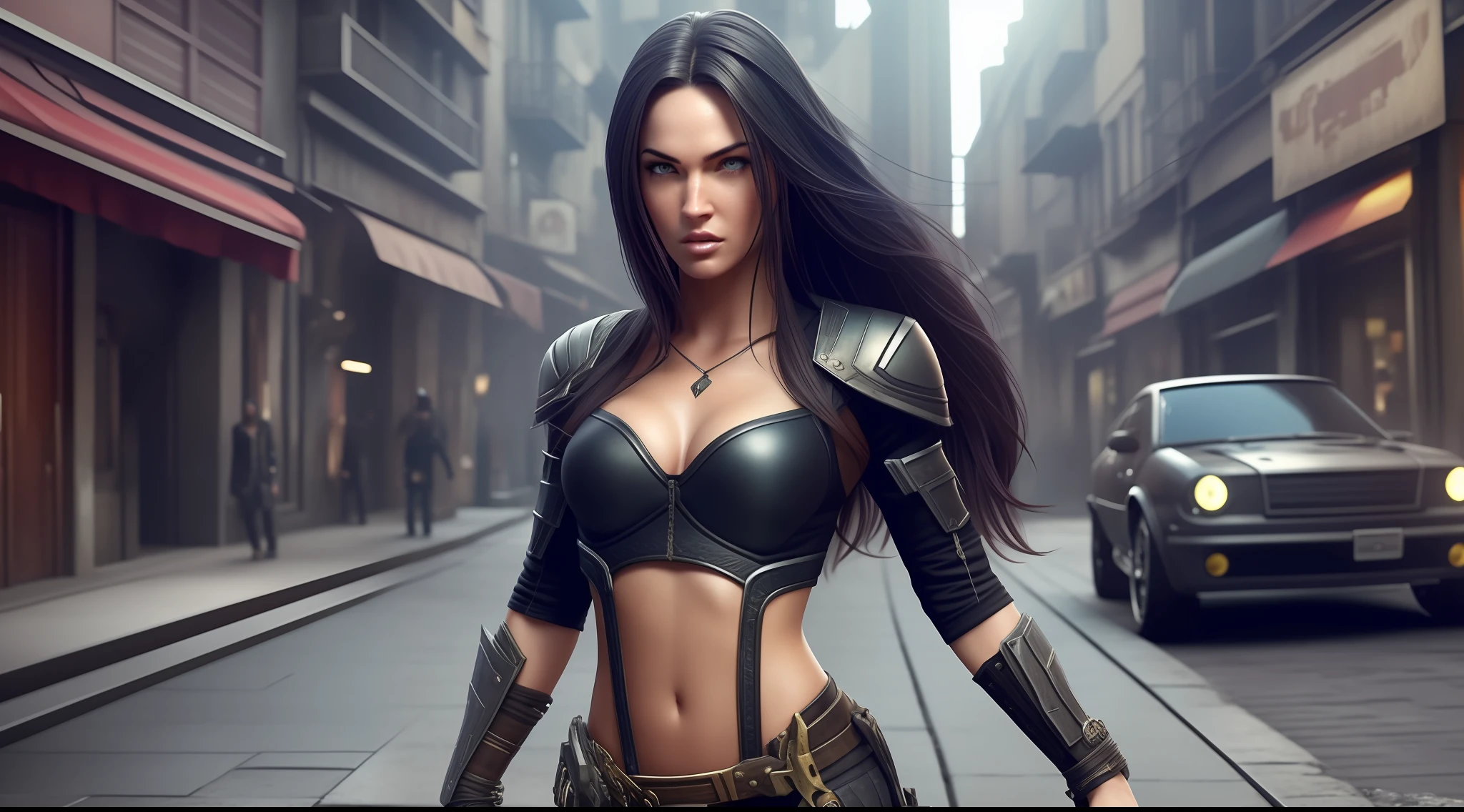 Generate an image of a character in the following setting:
Character Appearance:
- The character's face should resemble Megan Fox's with an extremely realistic depiction, ensuring an extremely detailed face representation.
- Brown eye color with beautifully detailed eyes.
- The character's body should match Megan Fox's.
- Dress the character in a cyberpunk-style outfit.
- Show the character in a full-body view.
- Replace the character's original hair, resembling Megan Fox's, with Amy Lee's hair. The replacement should be an extremely faithful representation, featuring ultra black, extremely straight hair that reaches the waist.
Environment:
- Depict the character in Largo da Ordem, Curitiba, with an atmosphere that conveys an obscure and shadowy ambiance of a penumbral night.
- Ensure the location is empty, without any people present.
- Generate the image at an 8K resolution. To avoid distortion in the character's face, please consider the following parameters:
- Apply a suitable level of smoothing to preserve facial details while reducing noise.
- Adjust the sharpness parameter to maintain facial features without excessive blurring.
- Generate the image at a high resolution of 8K to ensure clarity and fine details. - Maintain a balanced color representation to accurately depict the character's appearance.
Produce an image that combines all these elements to create a visually appealing, realistic, and detailed depiction of the character in the specified environment, showcasing the character in a standing position. Ensure the character's hair is an extremely faithful representation of Amy Lee's hair, featuring ultra black, extremely straight hair reaching the waist.