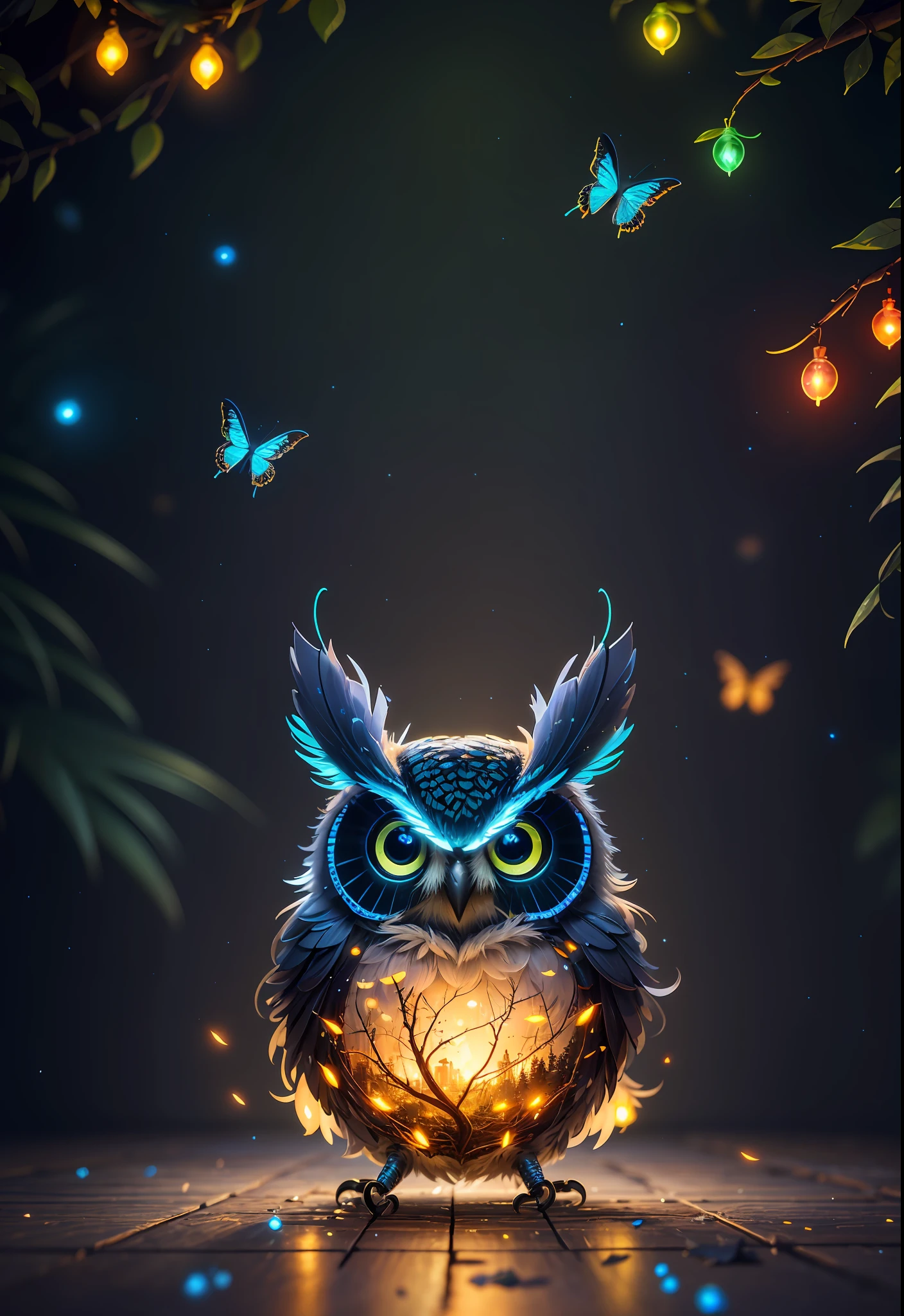 Masterpiece, best quality, extremely beautiful reflection, best reflection. (Very detailed CG unity 8k wallpaper), (best quality), (best illustration), (best shadow), a photo of a cybernetic owl, perched on barbed wire in a dark alley. His eyes are neon blue, reflecting the lights of the surrounding city. The feathers are fragmented and iridescent, and there is a wonderful code running through them. The shots used create a deformation effect, giving the impression that an owl is observing the viewer from all angles, with a forest theme with natural elements. Tall trees, quiet stream, glowing small mushrooms surrounded by delicate leaves and branches, and fireflies and glowing particle effects, (natural elements), (jungle theme), (leaves), (branches), (fireflies), butterflies, (delicate leaves), (glow), (particle effects), isometric 3D, Octane rendering, ray tracing, super detailed