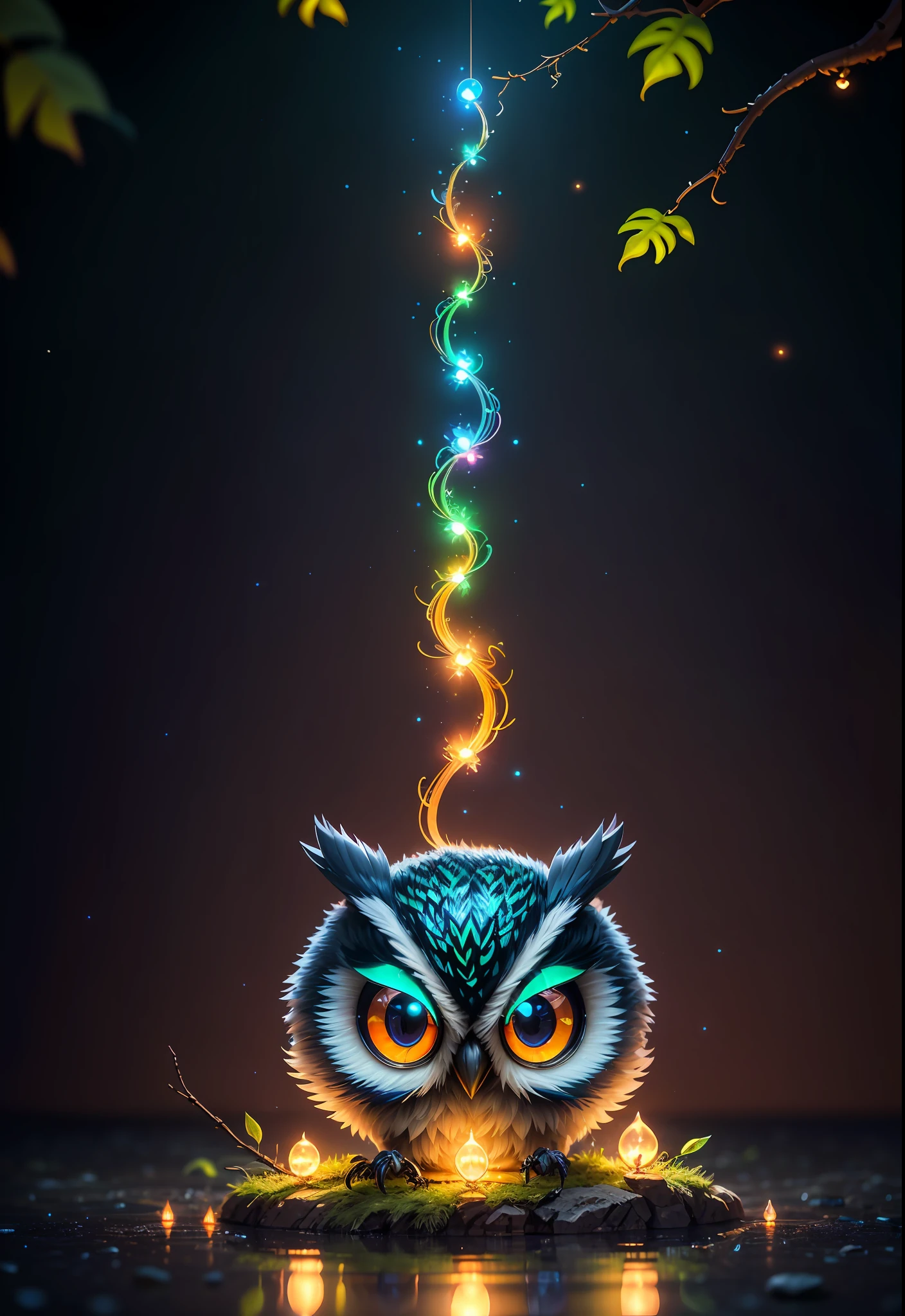 Masterpiece, best quality, extremely beautiful reflection, best reflection. (Very detailed CG unity 8k wallpaper), (best quality), (best illustration), (best shadow), a photo of a cybernetic owl, perched on barbed wire in a dark alley. His eyes are neon blue, reflecting the lights of the surrounding city. The feathers are fragmented and iridescent, and there is a wonderful code running through them. The shots used create a deformation effect, giving the impression that an owl is observing the viewer from all angles, with a forest theme with natural elements. Tall trees, quiet stream, glowing small mushrooms surrounded by delicate leaves and branches, and fireflies and glowing particle effects, (natural elements), (jungle theme), (leaves), (branches), (fireflies), butterflies, (delicate leaves), (glow), (particle effects), isometric 3D, Octane rendering, ray tracing, super detailed