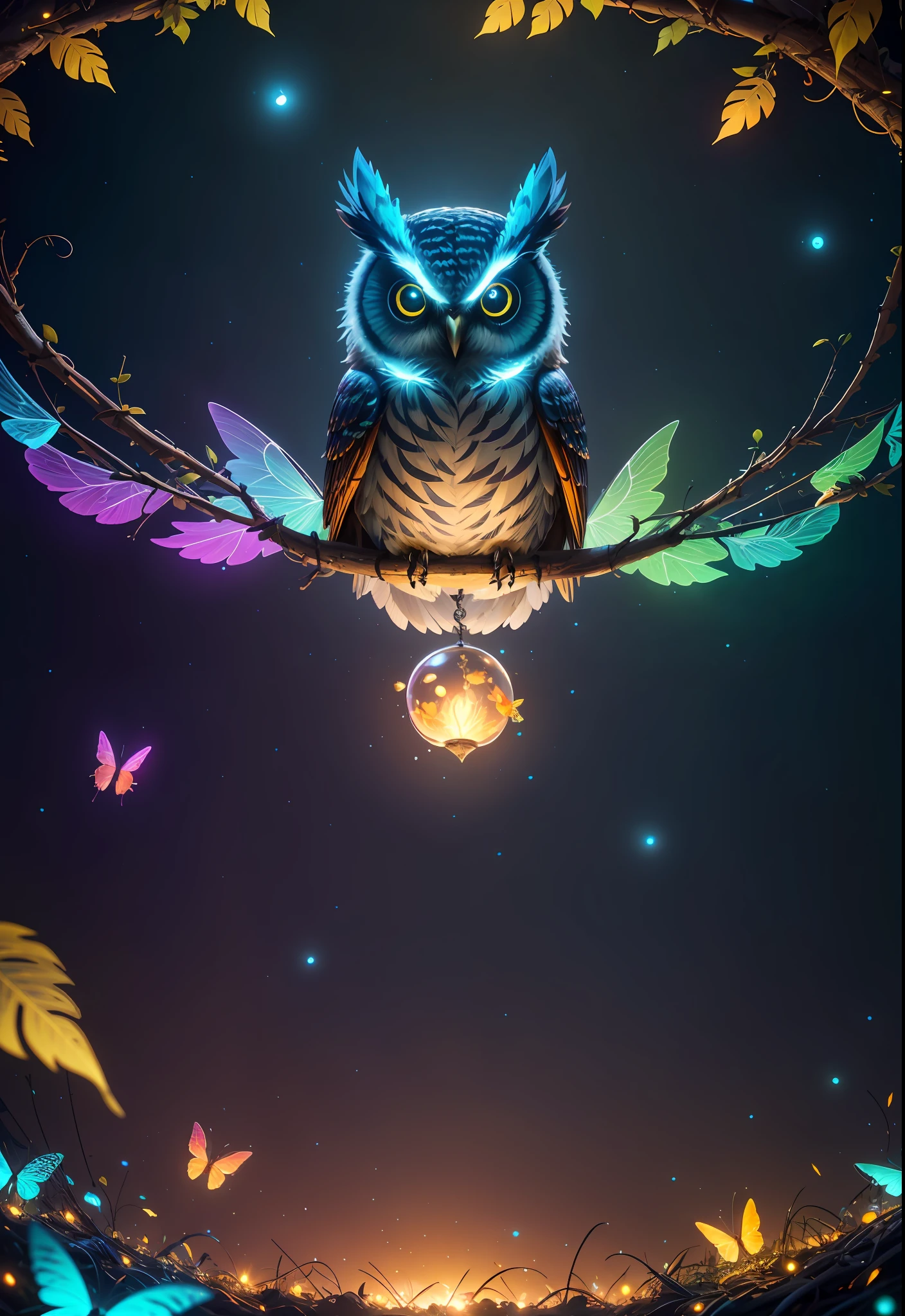 Masterpiece, best quality, extremely beautiful reflection, best reflection. (Very detailed CG unity 8k wallpaper), (best quality), (best illustration), (best shadow), a photo of a cybernetic owl, perched on barbed wire in a dark alley. His eyes are neon blue, reflecting the lights of the surrounding city. The feathers are fragmented and iridescent, and there is a wonderful code running through them. The shots used create a deformation effect, giving the impression that an owl is observing the viewer from all angles, with a forest theme with natural elements. Tall trees, quiet stream, glowing small mushrooms surrounded by delicate leaves and branches, and fireflies and glowing particle effects, (natural elements), (jungle theme), (leaves), (branches), (fireflies), butterflies, (delicate leaves), (glow), (particle effects), isometric 3D, Octane rendering, ray tracing, super detailed