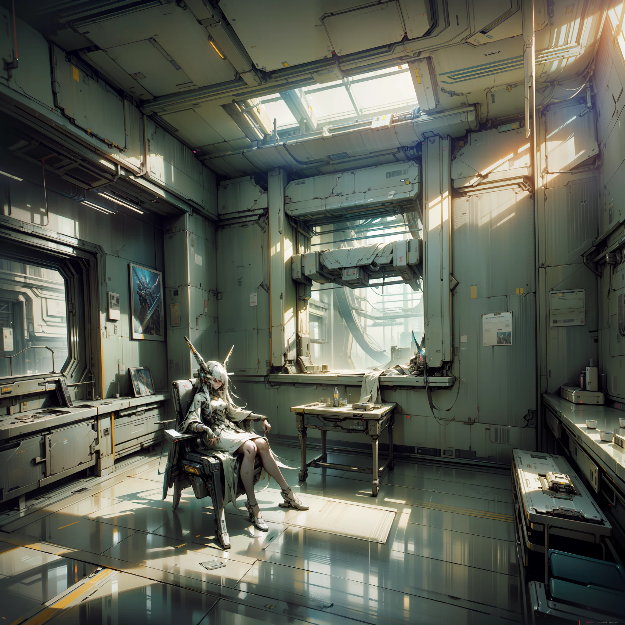 futuristic and cyberpunk asylum room, masterpiece, best qualified, high quality, (futuristic), movie lighting, (exquisite futuristic), beautiful and beautiful, super detailed, great composition, floating, depth of field, (very detailed CG, 8k unit wallpaper), (beautifully detailed background), dramatic lighting, cyberpunk