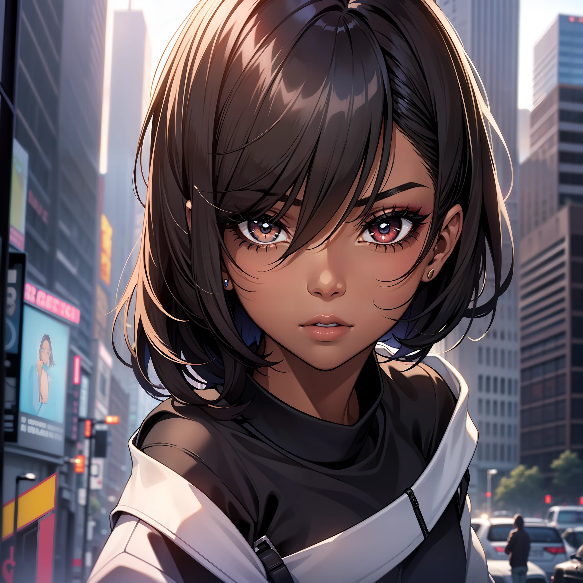 (a young woman:1.2)| (a girl:1.1), black skin, portrait, makeup, super detailed, hair style Short bob, city, direct look, contoured.