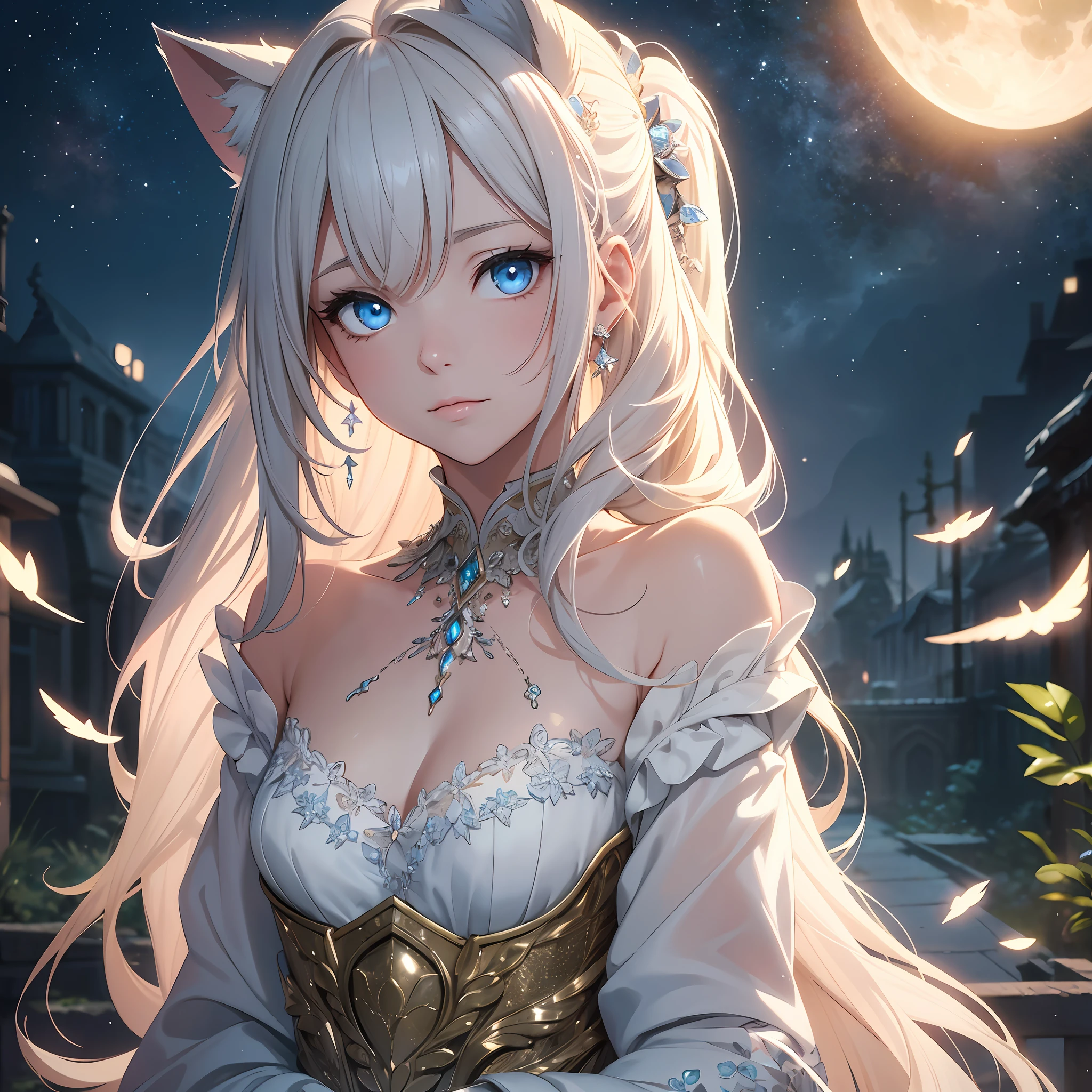 top quality, masterpiece, illustration, very delicate and beautiful, very detailed, cg , unity, 8k wallpaper, amazing, fine detail, masterpiece, best quality, official art, highly detailed cg unity 8k wallpaper, absurdity, incredibly absurd, ultra detailed, high resolution, highly detailed, detailed light, cinematic lighting, lens flare, light leakage, sunlight, glow, beautiful detailed glow, beautiful detailed girl, Highly detailed eyes and face, Beautiful detail eyes, M, illustration, (Very delicate and beautiful:1.2), cinematic angles,(Beautiful detail eyes:1.1), (Detail light:1.1),Movie lighting, Beautifully detailed sky, White long hair, (Blue eyes), (High ponytail:1.1), Glowing eyes, (Mon:1.2), (Moonlight:1.1), Starry sky, (Lighting particles:1.1), (Cat ears), Adult Woman, 1 girl
