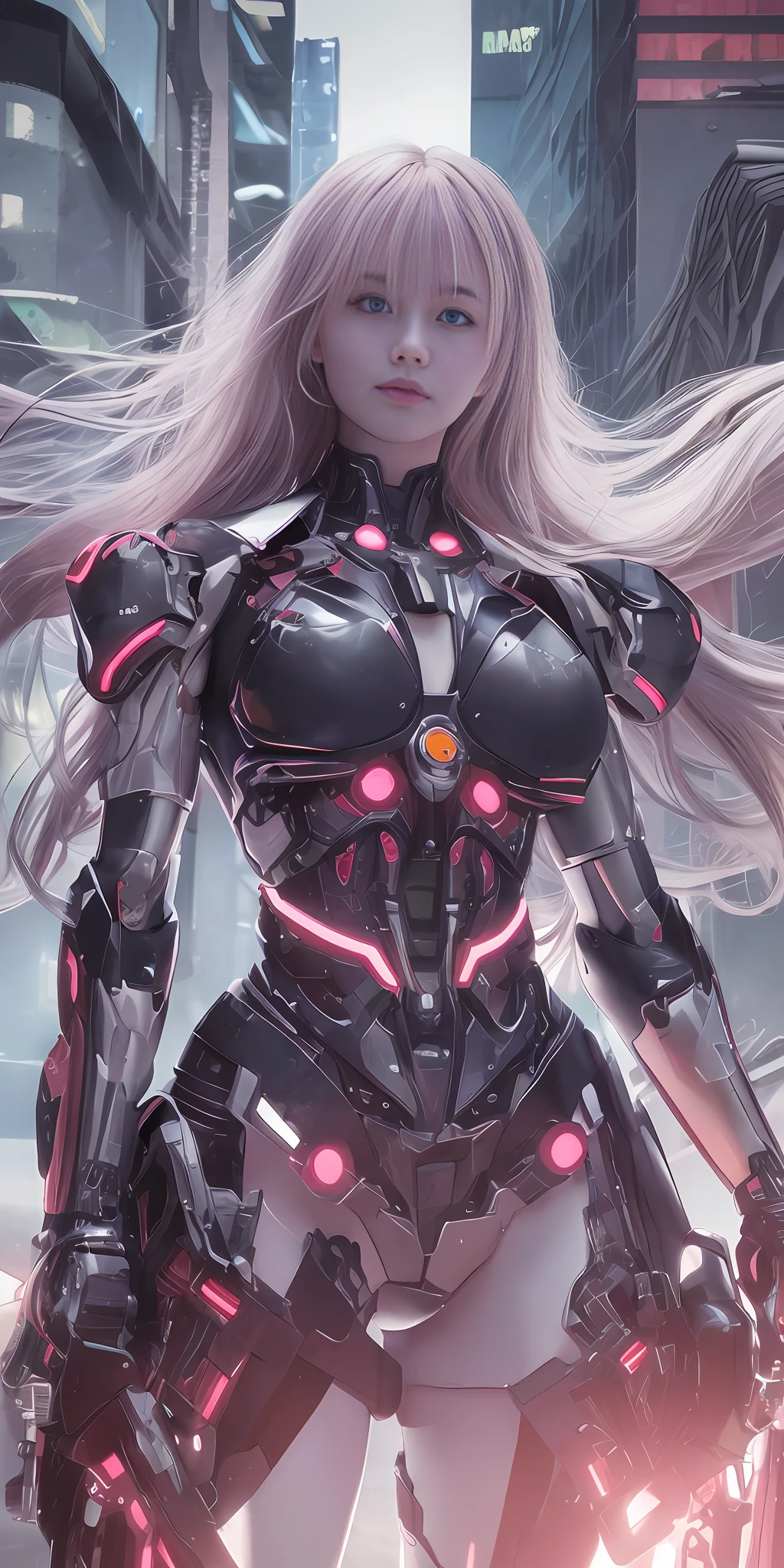 Evangelion Girl, Mecha Body, Cyberpunk, Mechanical Body, Metal Body, Face, Chest and Thighs Are Raw Skin, Cleavage Visible, Red Eyes, Glowing Eyes, Metallic, Detailed Neon, Small LEDs, Delicate Parts, Cables, Cylinders, (Masterpiece: 1.3), (8k, Photorealistic, RAW Photos, Best Quality: 1.4), (1 Japan Cyborg Girls), beautiful face, long hair, hair fluttering in the wind, strong wind