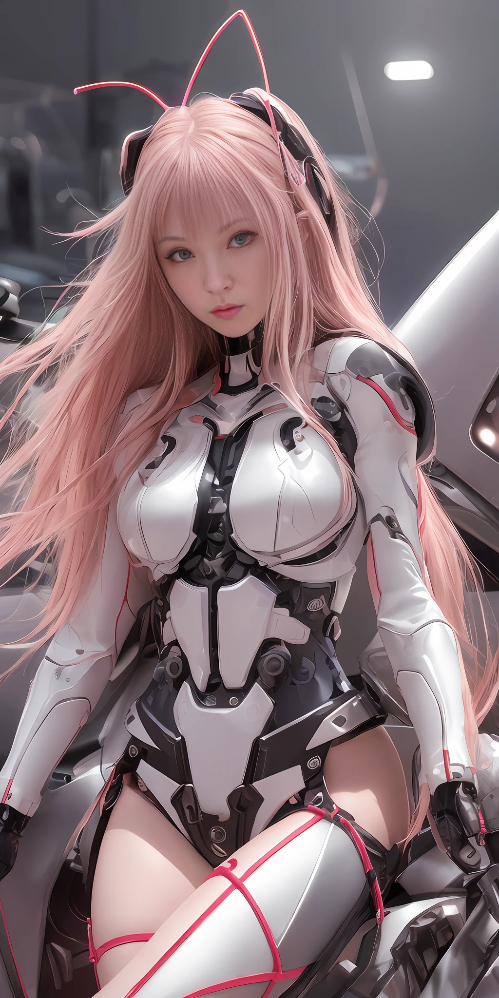 Evangelion Girl, Mecha Body, Cyberpunk, Mechanical Body, Metal Body, Face, Chest and Thighs Are Raw Skin, Cleavage Visible, Red Eyes, Glowing Eyes, Metallic, Detailed Neon, Small LEDs, Delicate Parts, Cables, Cylinders, (Masterpiece: 1.3), (8k, Photorealistic, RAW Photos, Best Quality: 1.4), (1 Japan Cyborg Girls), beautiful face, long hair, hair fluttering in the wind, strong wind