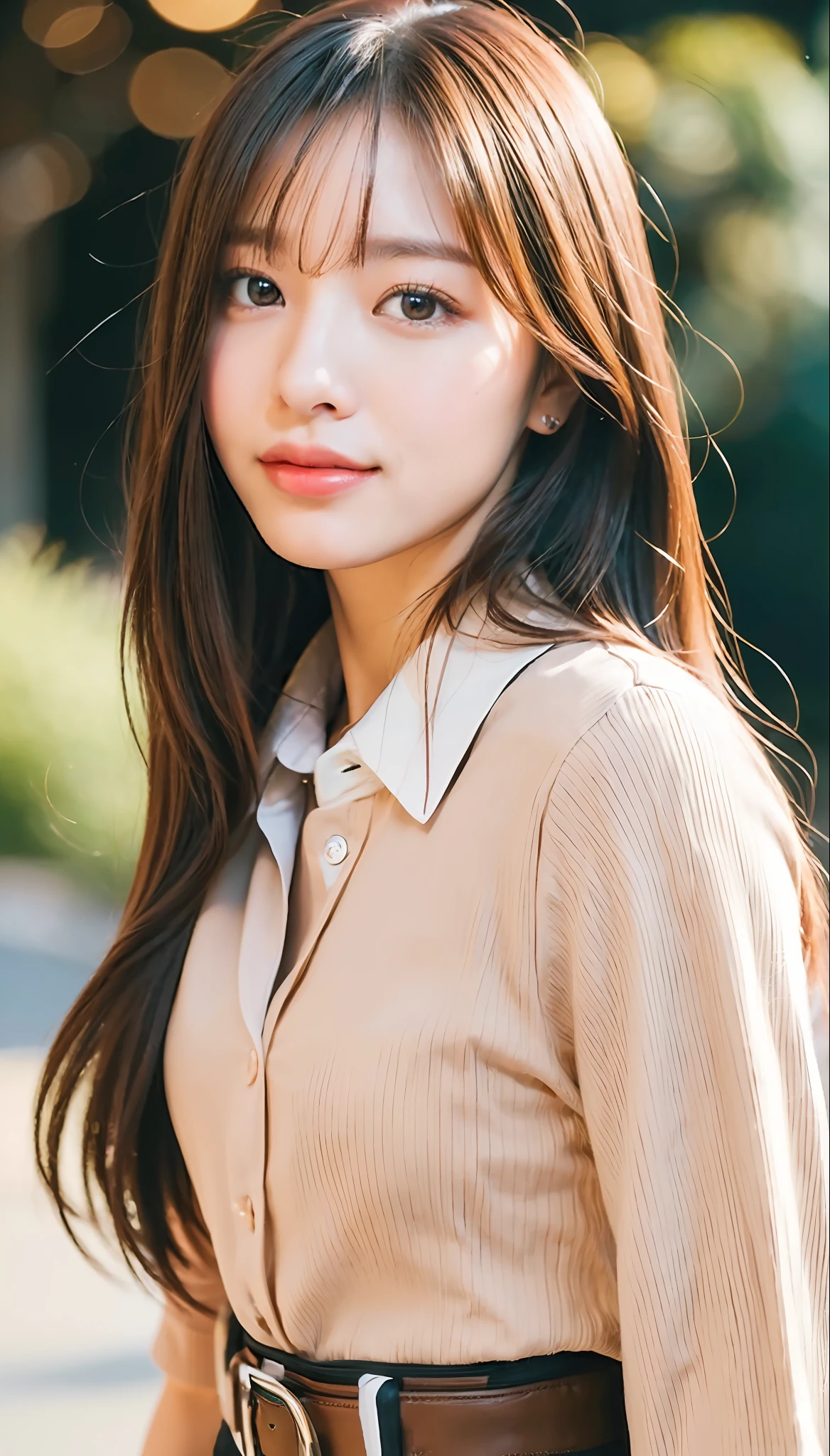 (8K, Best Quality, Masterpiece, Ultra High Definition, High Definition Face: 1.3), Portrait, (20 years old girl: 1.3), Beautiful, Cute, Brown hair, Clothes, Bokeh, cowboy shot, light smile, shirt, collared shirt,