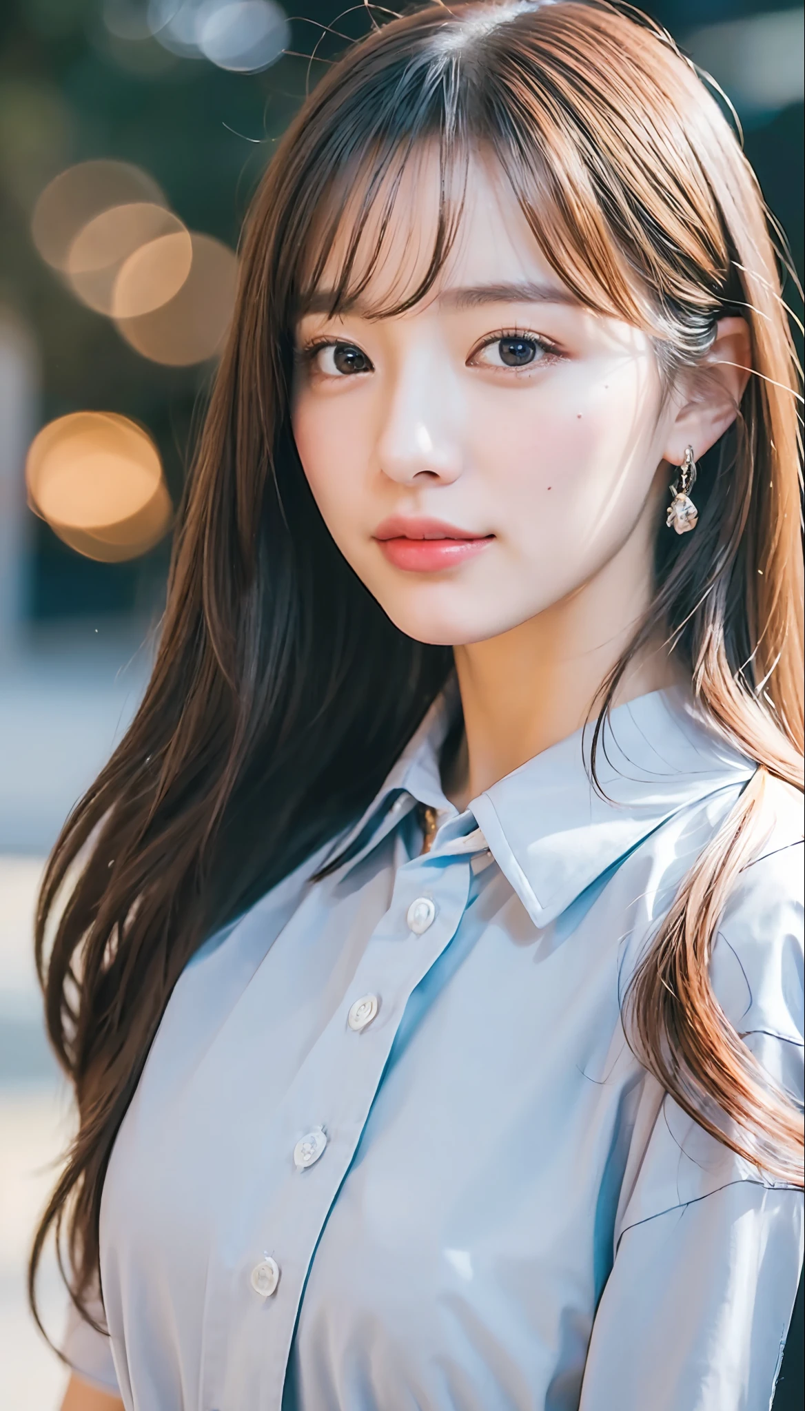 (8K, Best Quality, Masterpiece, Ultra High Definition, High Definition Face: 1.3), Portrait, (20 years old girl: 1.3), Beautiful, Cute, Brown hair, Clothes, Bokeh, cowboy shot, light smile, shirt, collared shirt,