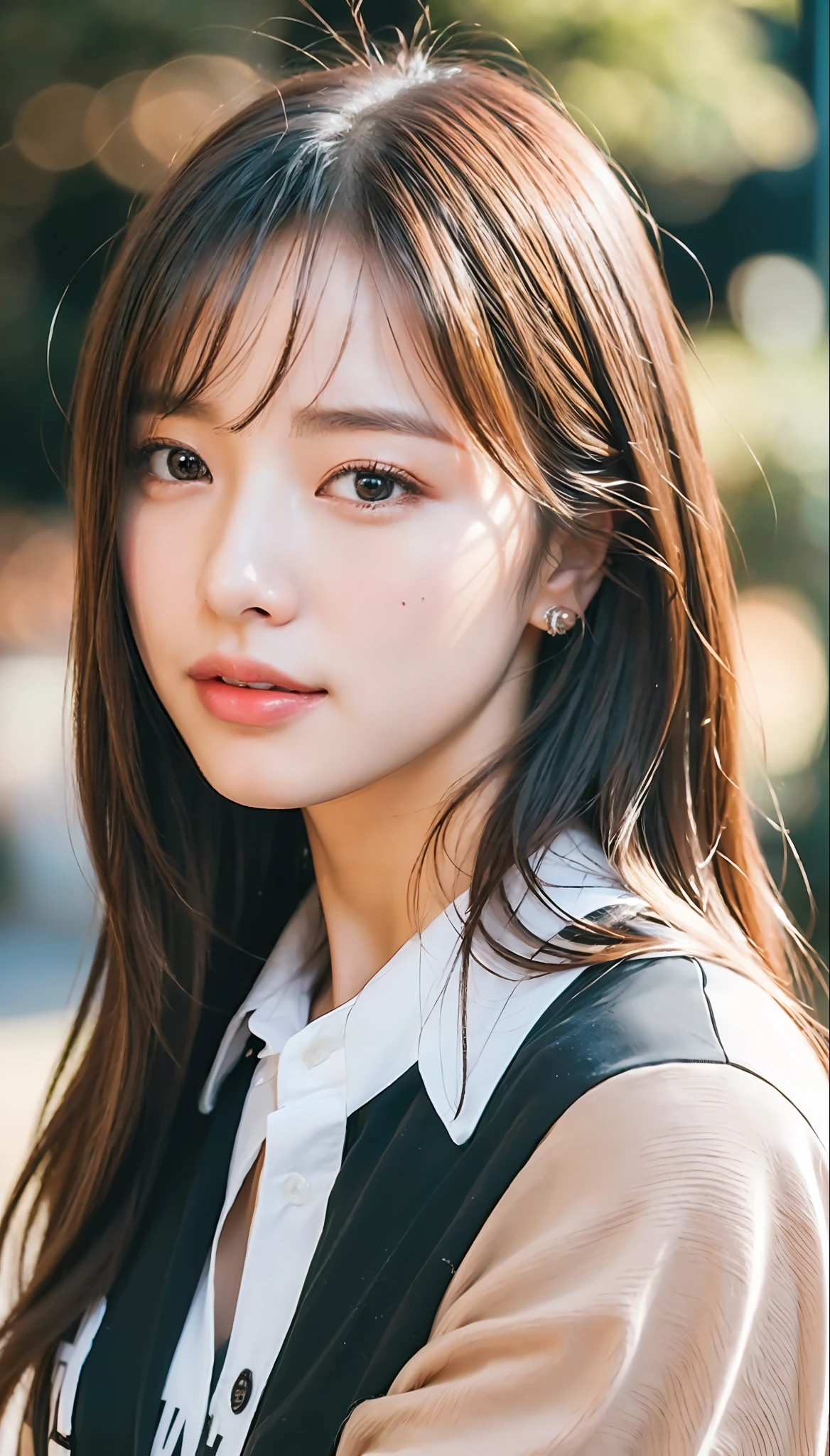 (8K, Best Quality, Masterpiece, Ultra High Definition, High Definition Face: 1.3), Portrait, (20 years old girl: 1.3), Beautiful, Cute, Brown hair, Clothes, Bokeh, cowboy shot, light smile, shirt, collared shirt,