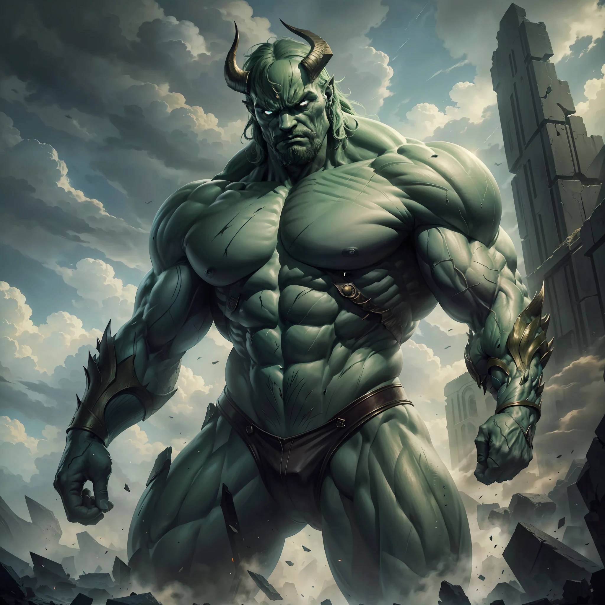 Image: A colossal Titan fills the scene with his intimidating presence. His immense and powerful musculature dominates the frame, emanating strength and determination. Her intense green skin contrasts with the gloomy surroundings.
The Titan is positioned centrally in the image, framed in an imposing manner. His majestic figure is displayed in all its glory, with defined and prominent muscles. His fierce eyes reflect his intensity and purpose.
The Titan's head, with a crest of wild hair, is shaped like an imposing eagle. Its features are striking, with a defiant expression and powerful curved horns. The Titan has robust hands and sharp claws, ready to take on any challenge.
The scenery around the Titan is a destroyed and desolate landscape. Debris and rubble of a ruined city are strewn across the environment, creating a powerful visual contrast to the towering figure of the Titan.
The dramatic lighting enhances the Titan's muscles, emphasizing its grandeur and power. The deep shadows add a touch of mystery and intensity to the scene.
Ensure that the Titan is completely framed in the image, without cuts that detract from its dominant presence. The composition of the image should highlight its magnitude and strength, conveying its impact and grandeur to the viewer.