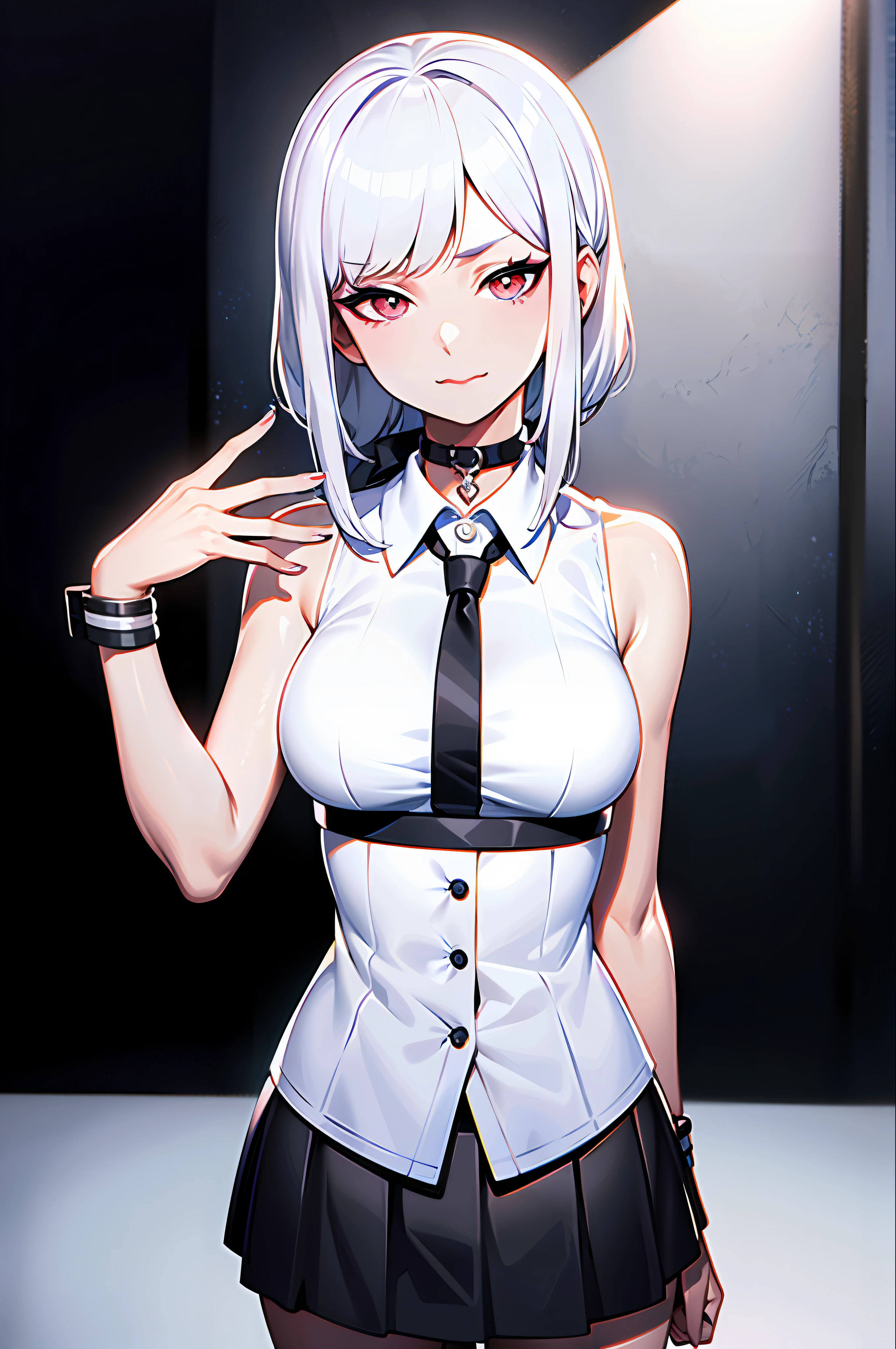 best quality, ultra high res, 1girl, sleeveless white button shirt, black skirt, black choker, cute, (Kpop idol), (aegyo sal:1), (platinum blonde hair:1), ((puffy eyes)), looking at viewer, full body, facing front