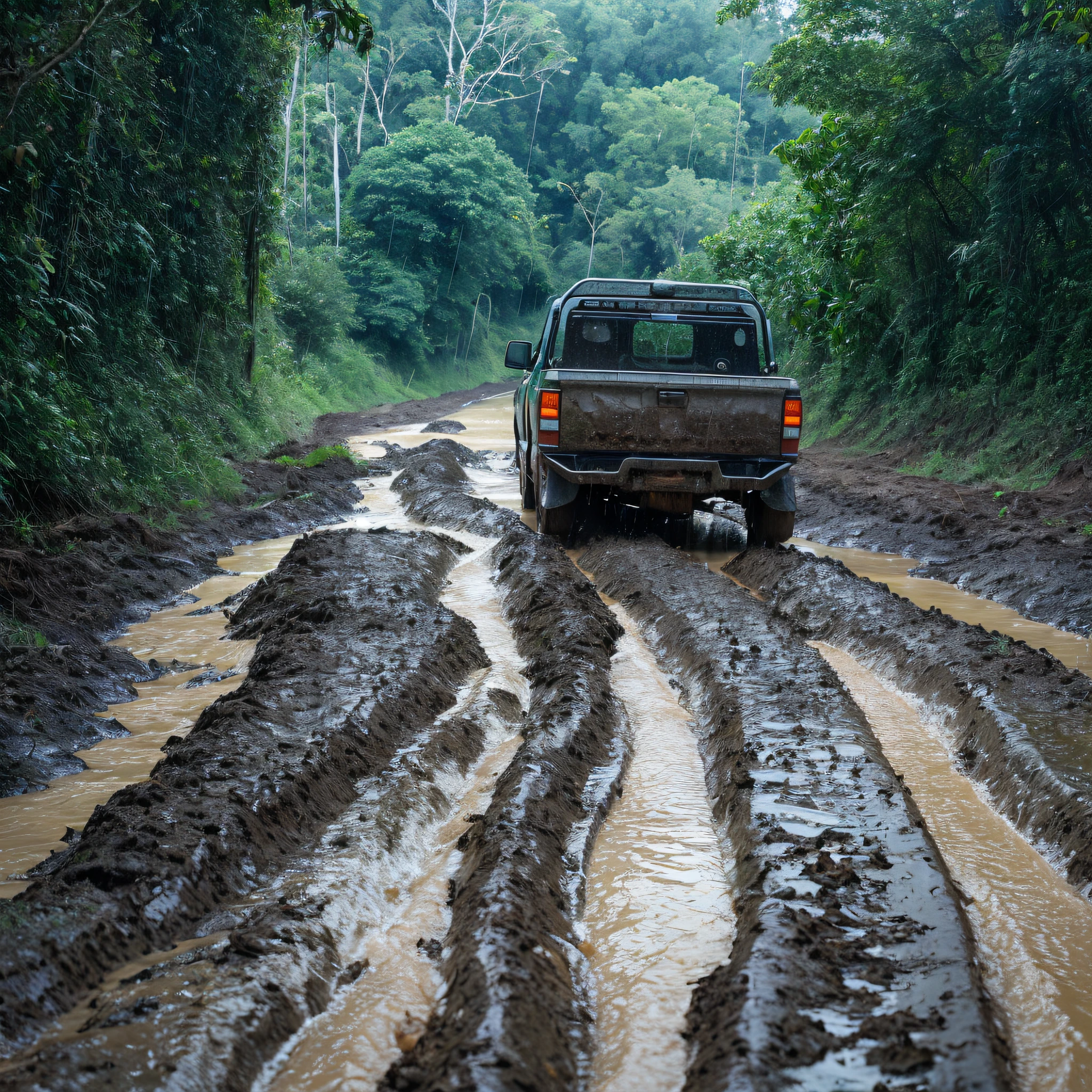 a green pickup crossing mud and mud in the middle of the amazon in the rainy season, full of mud