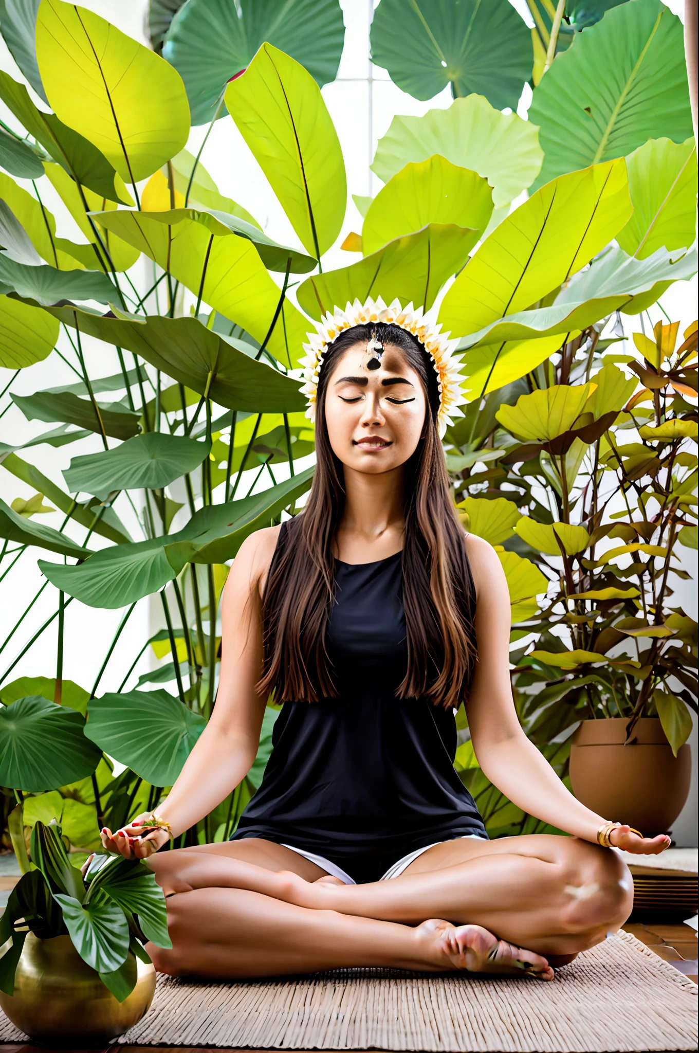 a woman sitting in a lotus position with a large plant on her head, meditation pose, meditating pose, lotus pose, sitting on a lotus flower, meditating in lotus position, padmasana, yoga meditation pose, meditating, anjali mudra, hindu stages of meditation, meditative sacral pose, inner peace, alana fletcher, by Aya Goda