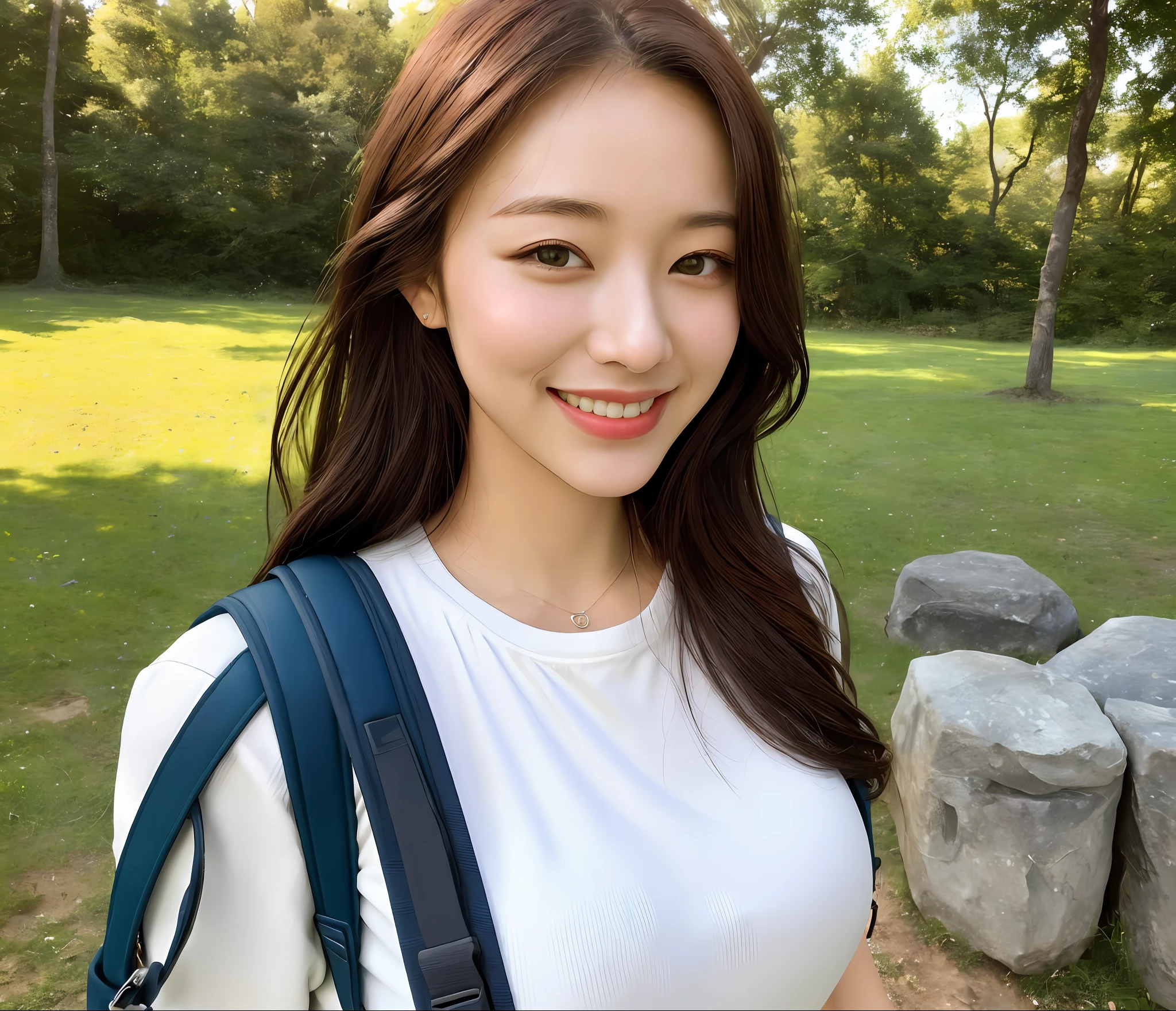 ((top quality, 8k, masterpiece: 1.3)), one woman (24 years old, young, pretty face, Japan person, happy smile, very detailed face and skin and hair texture, detailed eyes, double eyelids, white skin, beautiful delicate nose, long hair, big breasts), overhead camera, sharp focus: 1.2, while emphasizing the subject's hair, eyes, mouth, action, is pleasing to the eye, suggestive composition. ⠀
ground, outdoor, (morning), mountain, nature, cheerful, happy, backpack, bag sleeping, bonfire, camping stove, mountain boots, plain white t-shirt, lantern, rock, forest, stone, river, bonfire, wood, smoke, shadow, contrast, clear sky, style, (warm shade, warm tone)