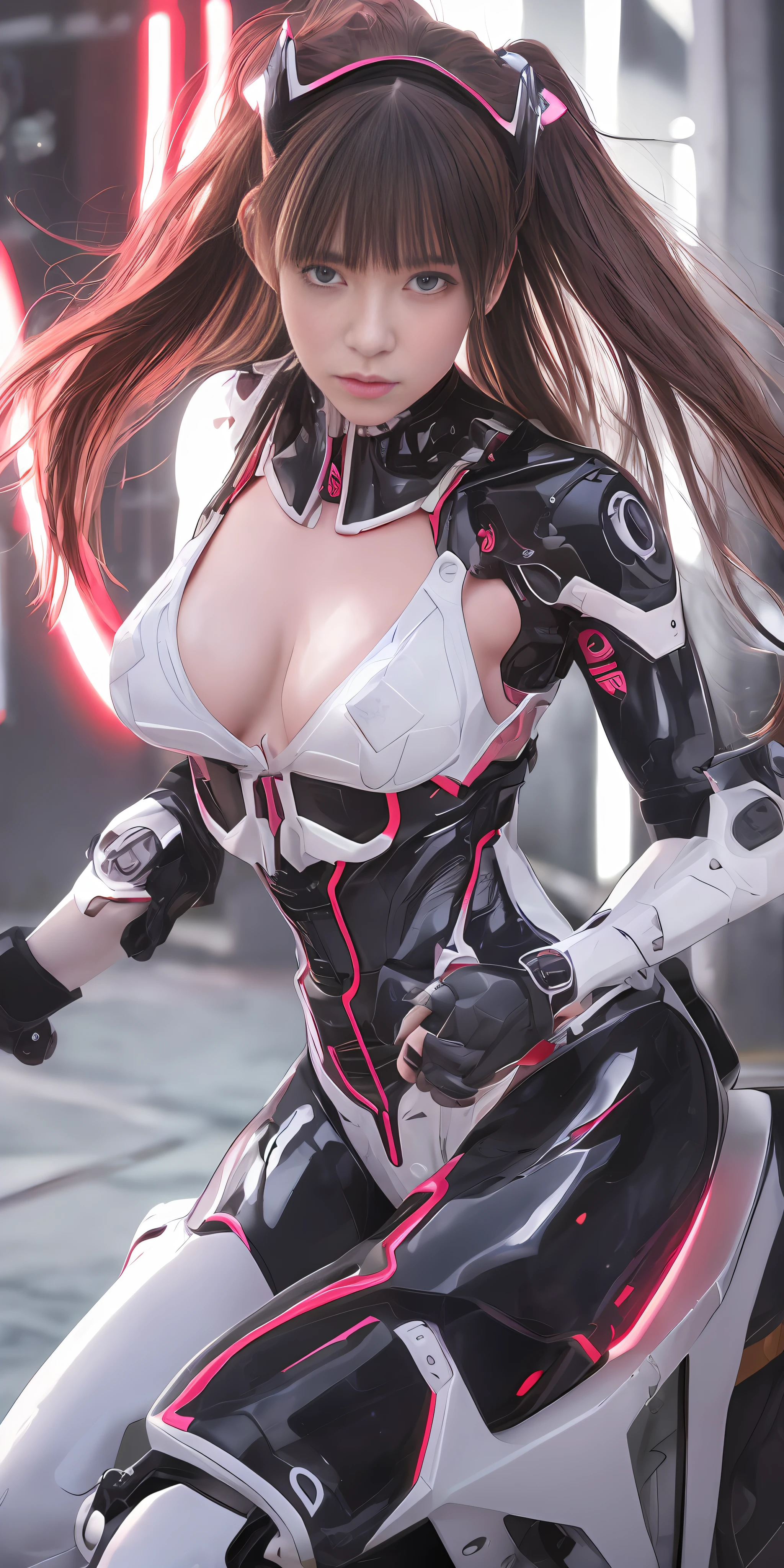Evangelion Girl, Mecha Body, Cyberpunk, Mechanical Body, Metal Body, Face, Chest and Thighs Are Raw Skin, Cleavage Visible, Red Eyes, Glowing Eyes, Metallic, Detailed Neon, Small LEDs, Delicate Parts, Cables, Cylinders, (Masterpiece: 1.3), (8k, Photorealistic, RAW Photos, Best Quality: 1.4), (1 Japan Cyborg Girls), beautiful face, long hair, hair fluttering in the wind, strong wind