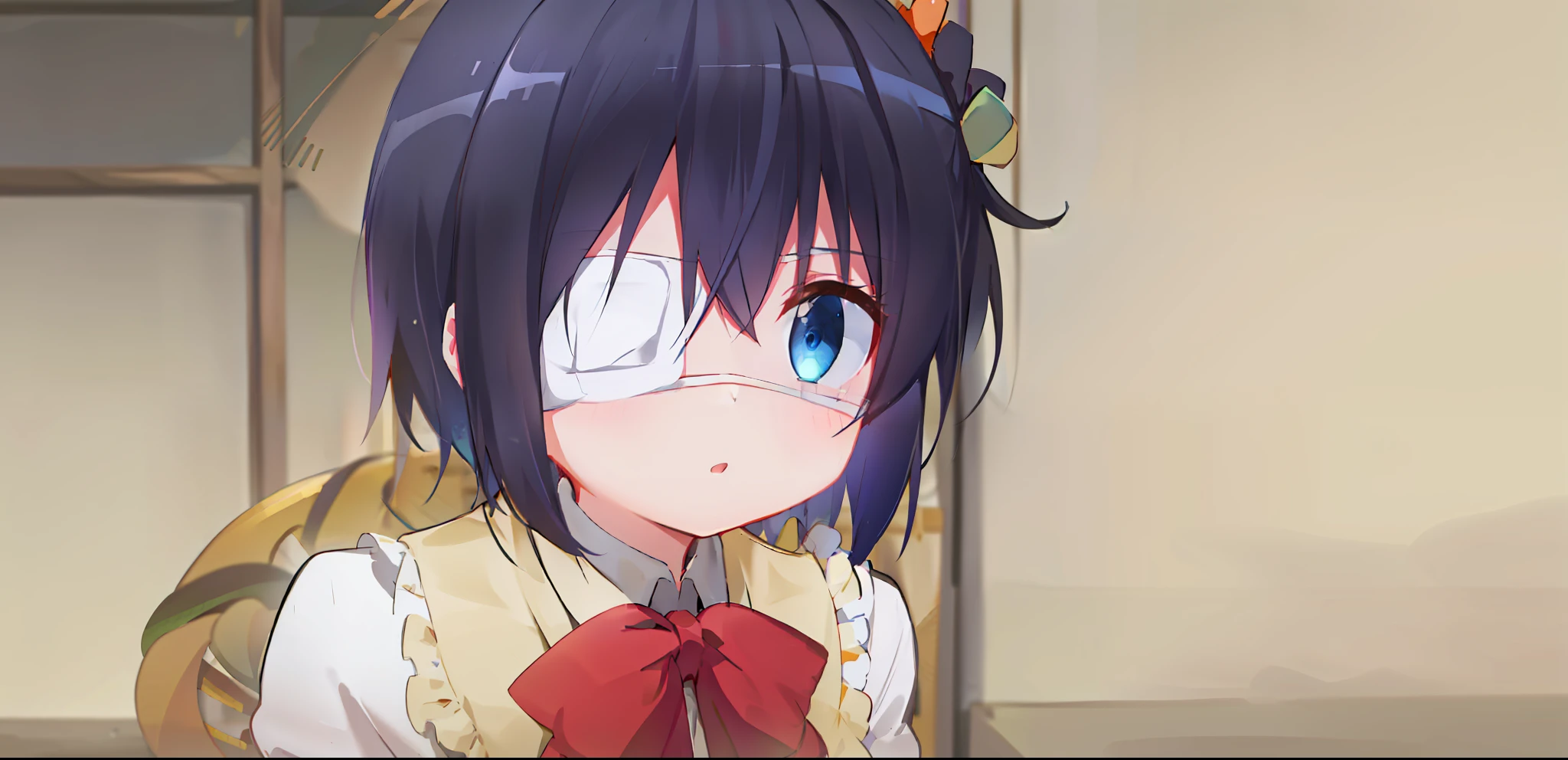 high res, masterpiece,Rikka Takanashi, black hair, solo, 1girl,outside,deatailed background, detailed eyes, ((blue eyes)), eyepatch