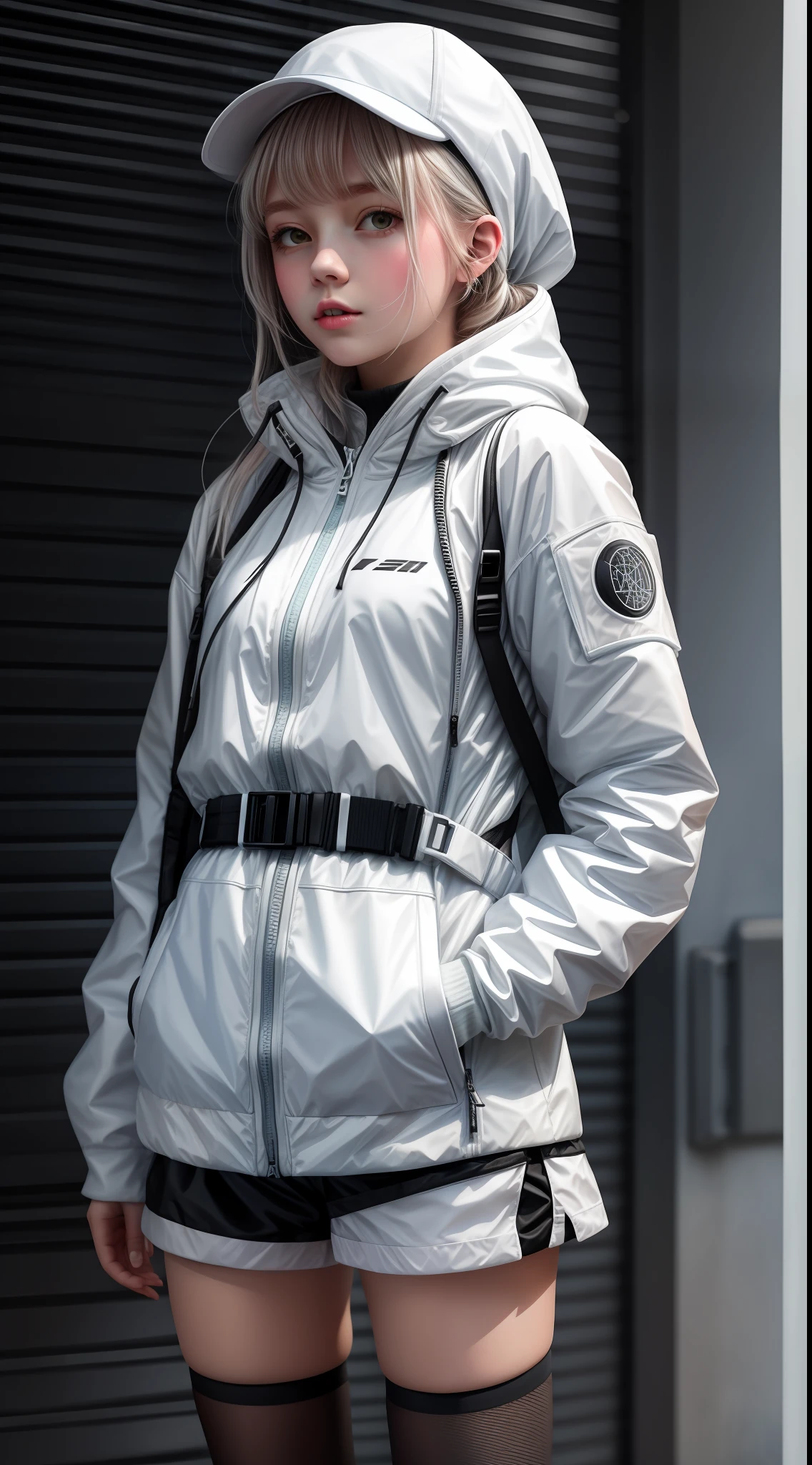 white,totally white,pastel colors,1girl with techwear clothes,sexy,circular shapes on background