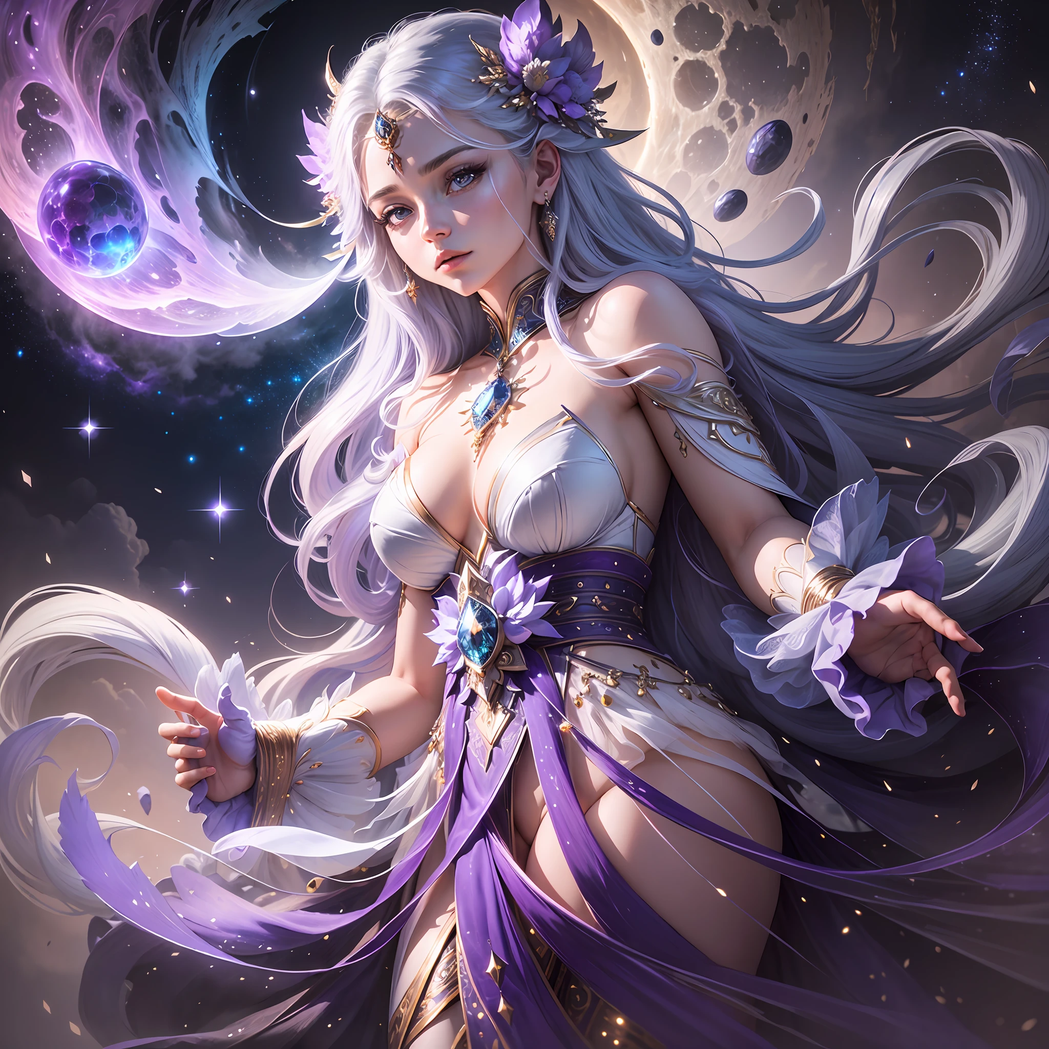 (extremely detailed and high quality CG unity 8k wallpaper), an extremely beautiful and majestic depiction of the goddess of the moon and magic, Selene Deusa Lua, surrounded by glowing crystals and moonlit clouds, with a sense of powerful divinity and grace, floating in a dream-like space, high resolution and dynamic angle, with intricate details on her silver hair, flowing dress, and stoic face, best illumination and shadow to enhance the ethereal atmosphere and draw attention to her divine presence, with subtle hints of purple and blue tint to add depth and mystery. --auto --s2