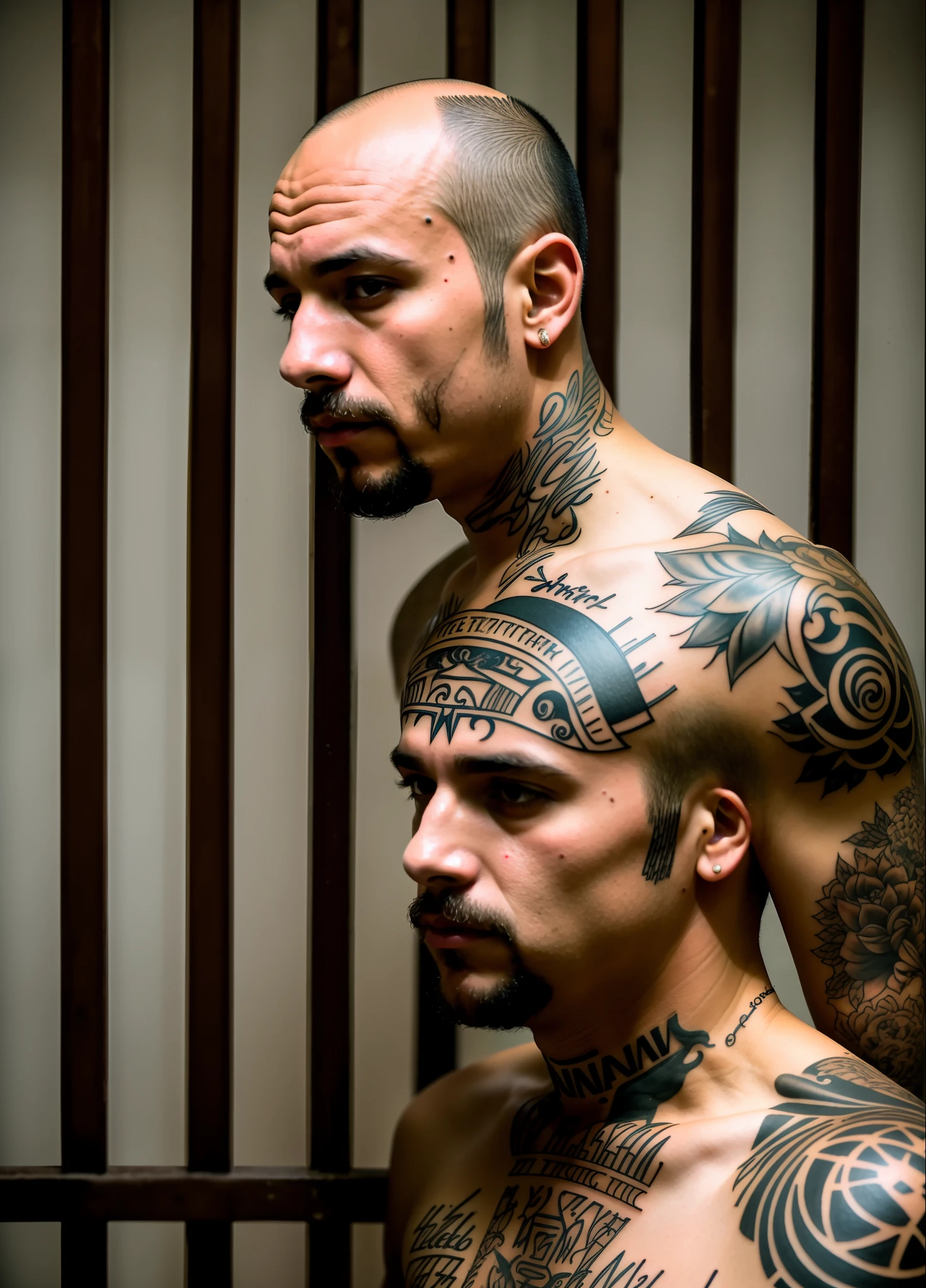Photo RAW, 1man, photo of andtat, (prison uniform), tattered, thin, unhealthy, malnourished, intricate, tattooed (bald: 1.1), elegant, (behind bars), high quality, grain film, Fujifilm XT3