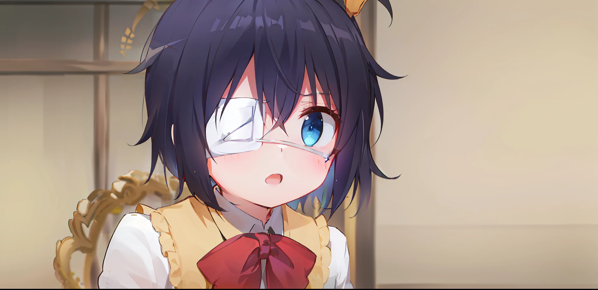 high res, masterpiece,Rikka Takanashi, black hair, solo, 1girl,outside,deatailed background, detailed eyes, ((blue eyes)), eyepatch