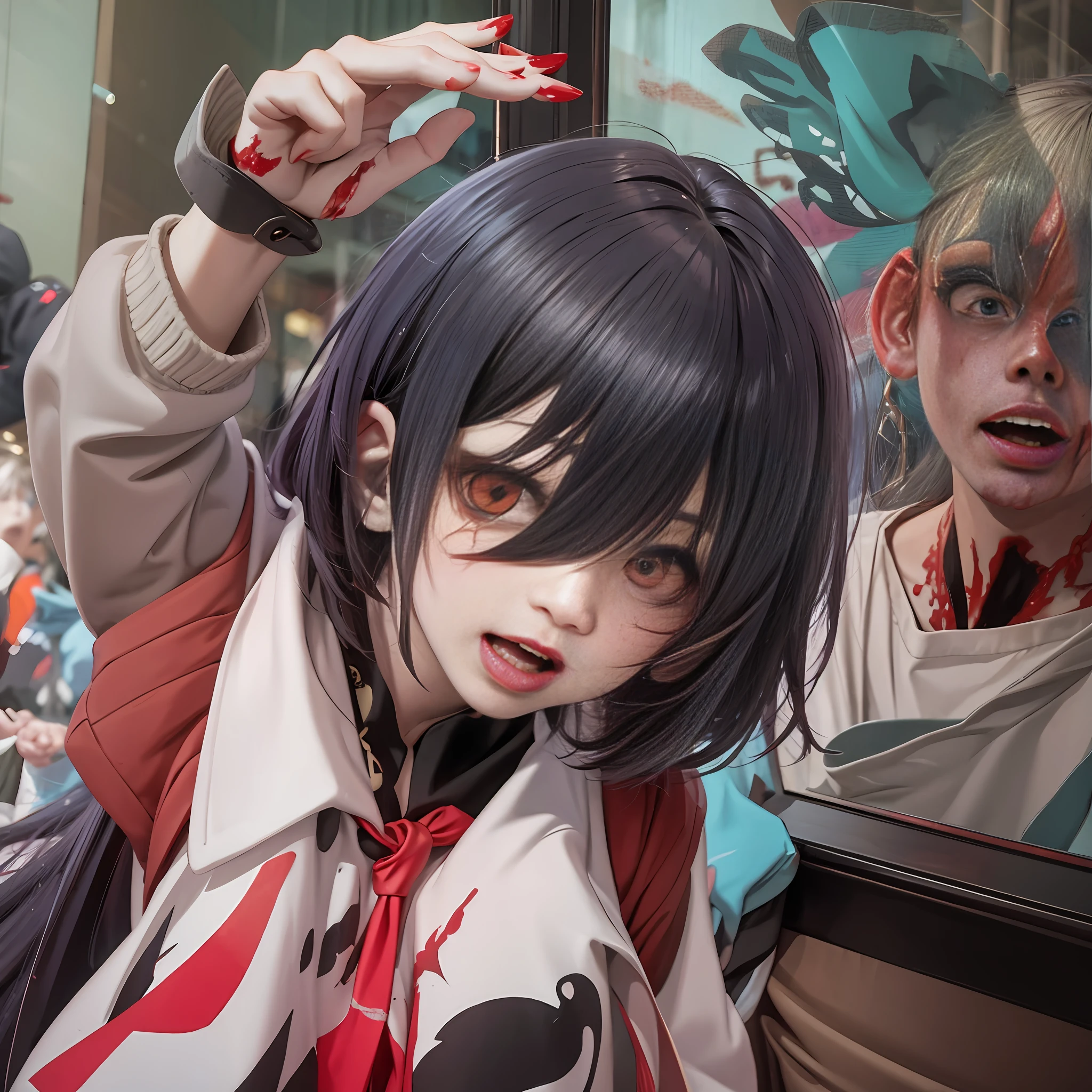A group of anime girls turned zombies outside the classroom window with black hair, open mouth, fangs, blood stains