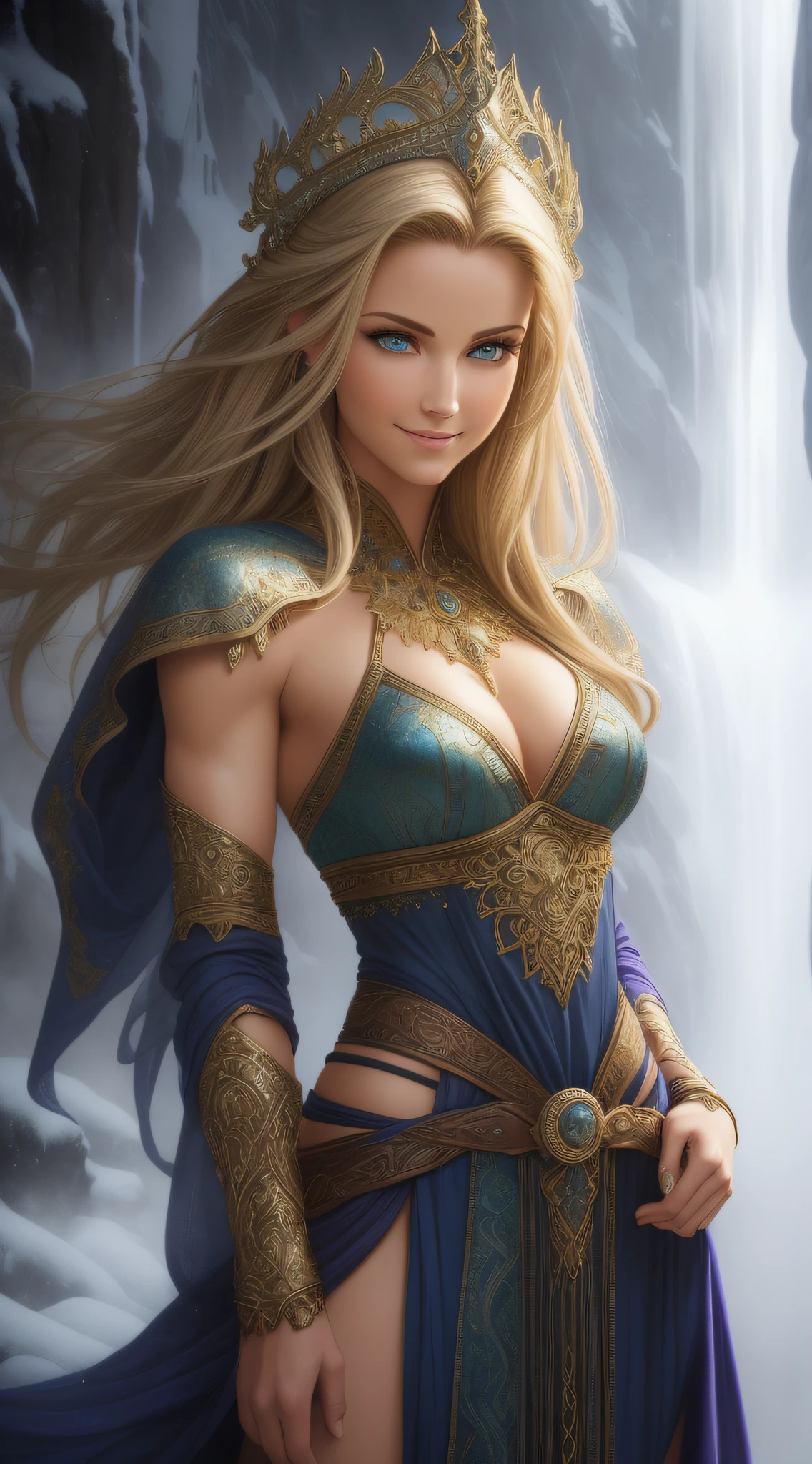 ((realistic:1.5)),((best quality)), ((masterpiece)),((detailed)), (1girl), a beautiful female with warrior robe, (upper body:1.3),,super-wide-angle lens, face focus, mature, sexy, toned muscles, long legs, barefoot, cleavage, slim thighs, narrow hips, green eyes, short messy blond hair, long eyelashes, (detailed face, smile with teeth, beautiful eyes, detailed clothes features, clear background:1.3), mysterious winter valley, fog, frozen waterfall, best shadow, bright details, sharp, perfect composition, Intricate, Sharp focus, dramatic, by Julie Bell, by Olivia De Berardinis, by Luis Royo, by Boris Vallejo