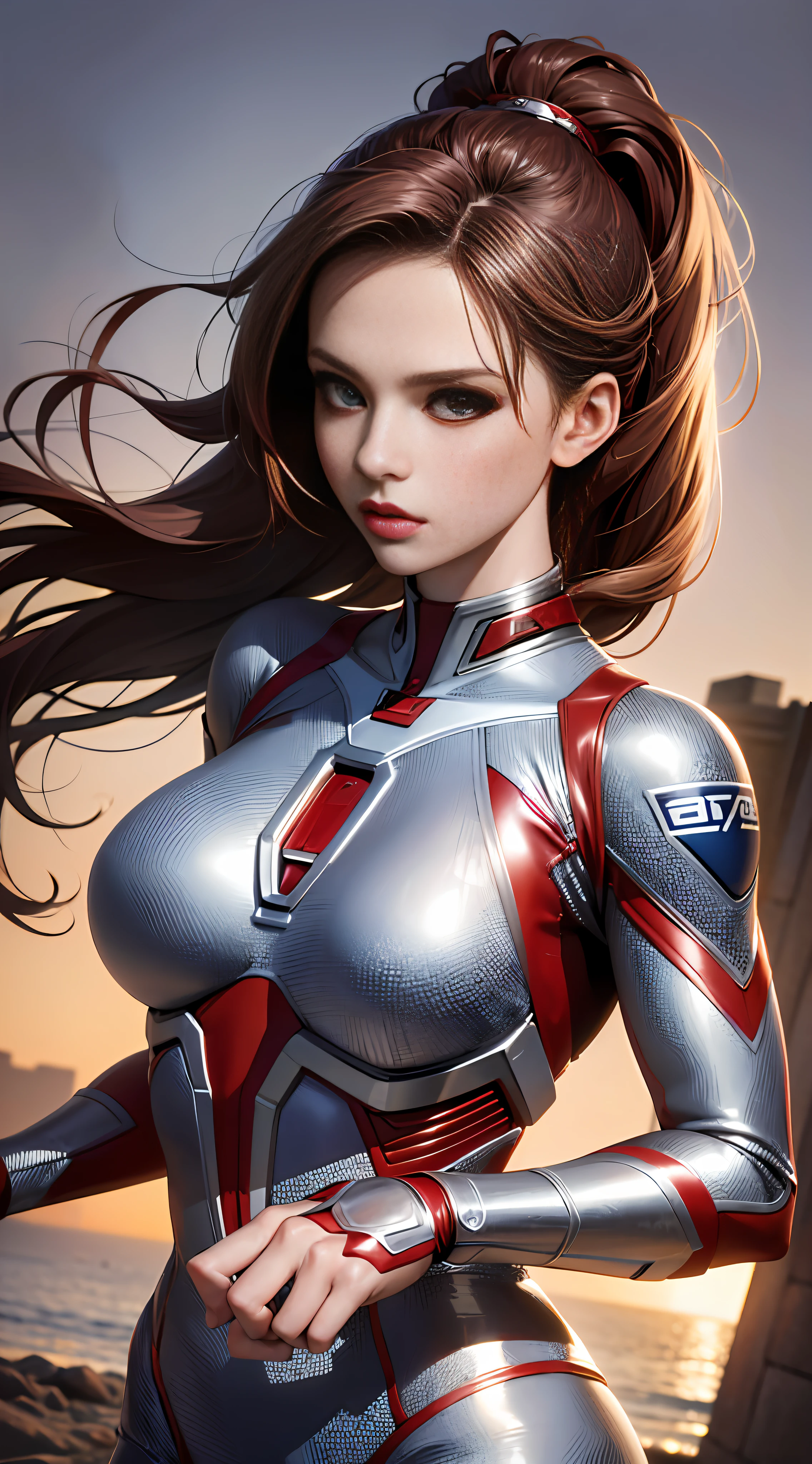 High quality fingers, normal hands, detailed fingers, masterpiece, (realistic, photorealistic: 1.37), (22-year-old woman), galaxy Ultraman, female Ultraman, classic red silver tights, energy indicator with blue light on the chest, {{huge_breast}}, small waist, crimson hair, blue eyes, beautiful face, perfect lighting, determined eyes, looking at the audience, amazing beautiful woman, detailed hairstyle, detailed background