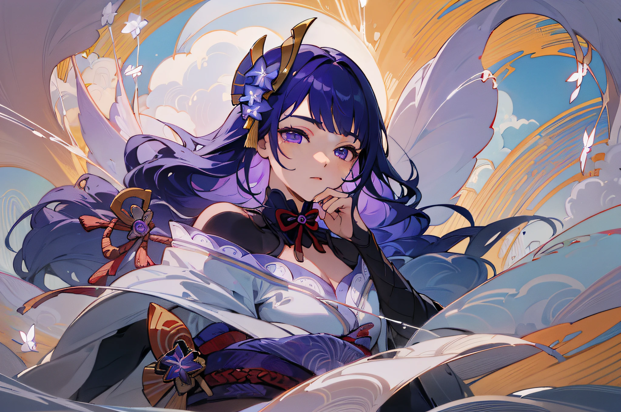 (masterpiece), (floating), (high resolution), (raiden shogun), (detailed and delicate), (dynamic pose), (bright and vivid lighting), (bright eyes), (long hair), (fluid fabric), (flowing hair), (flowers), (clouds).