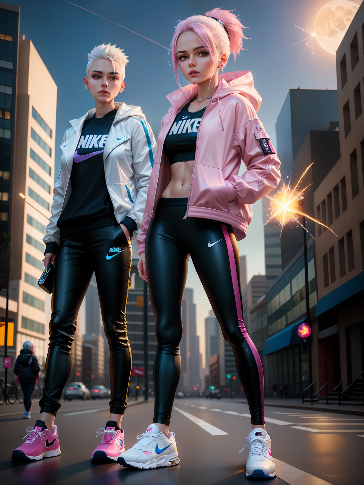 Young with power ball in hand, shiny, spark, white hair,nike jacket, serious, 8k,realistic, moon, city, well detailed,with girl with nike jacket, nike pants, nike sneakers, full body, pink hair, shiny,