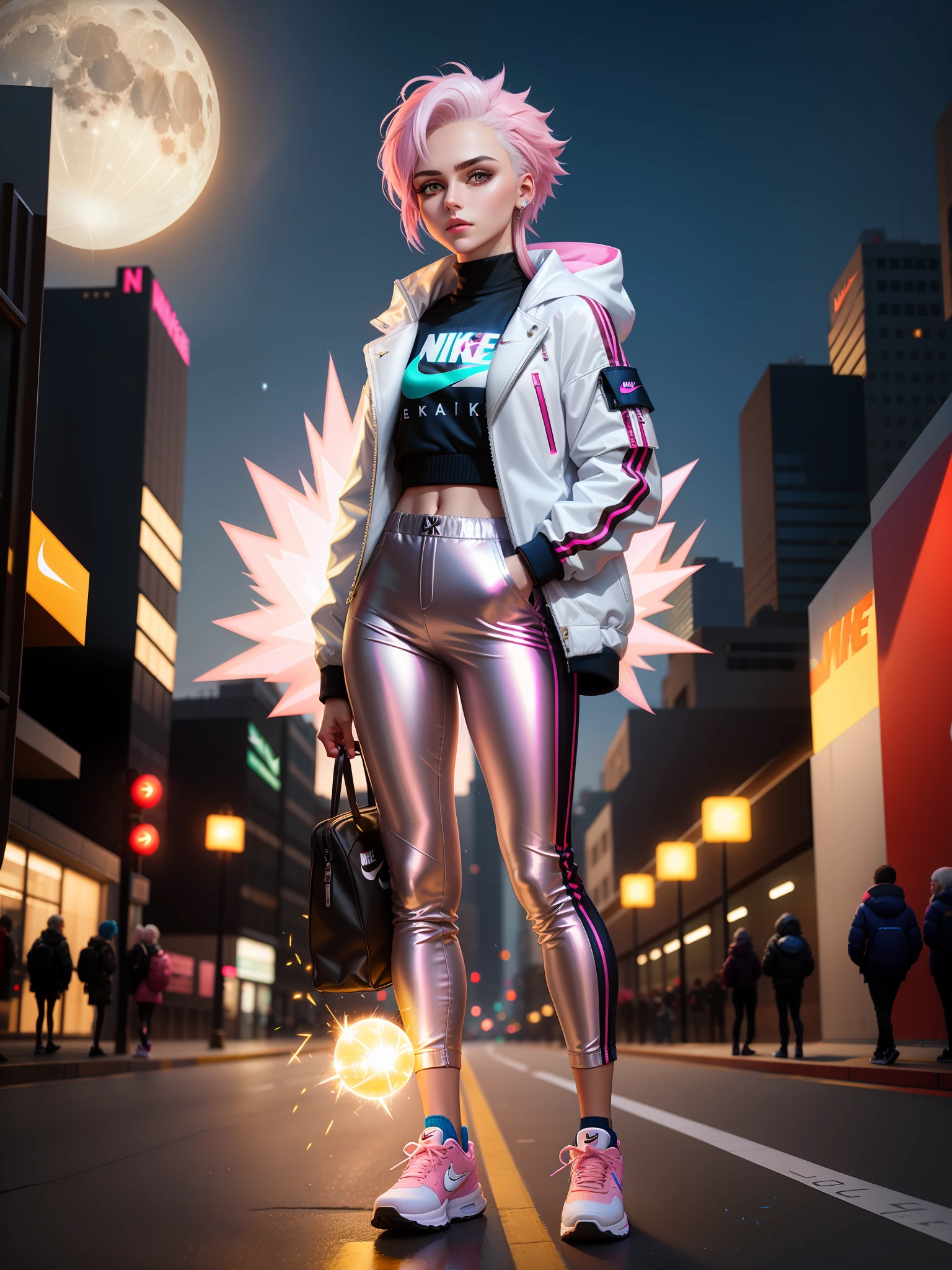Young with power ball in hand, shiny, spark, white hair,nike jacket, serious, 8k,realistic, moon, city, well detailed,with girl with nike jacket, nike pants, nike sneakers, full body, pink hair, shiny,