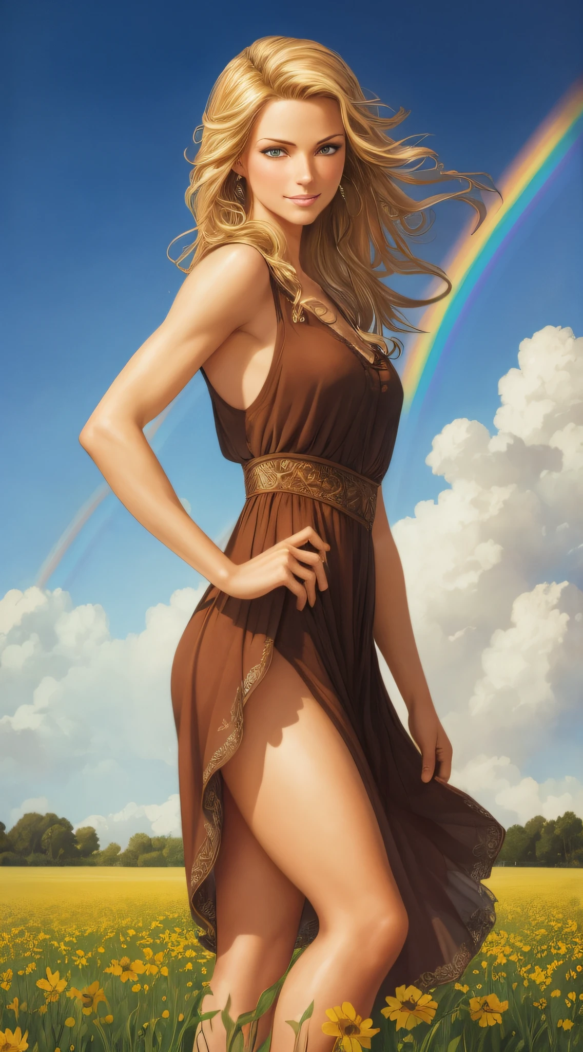 ((realistic:1.5)),((best quality)), ((masterpiece)),((detailed)), (1girl), a beautiful female with farmer outfit, (upper body:1.3),,super-wide-angle lens, face focus, toned muscles, long legs, barefoot, slim thighs, narrow hips, green eyes, short messy blond hair, long eyelashes, (detailed face, smile with teeth, beautiful eyes, detailed clothes features, clear background:1.3), mysterious summer field, rainbow in the background, best shadow, bright details, sharp, perfect composition, Intricate, Sharp focus, dramatic, by Julie Bell, by Olivia De Berardinis, by Luis Royo, by Boris Vallejo