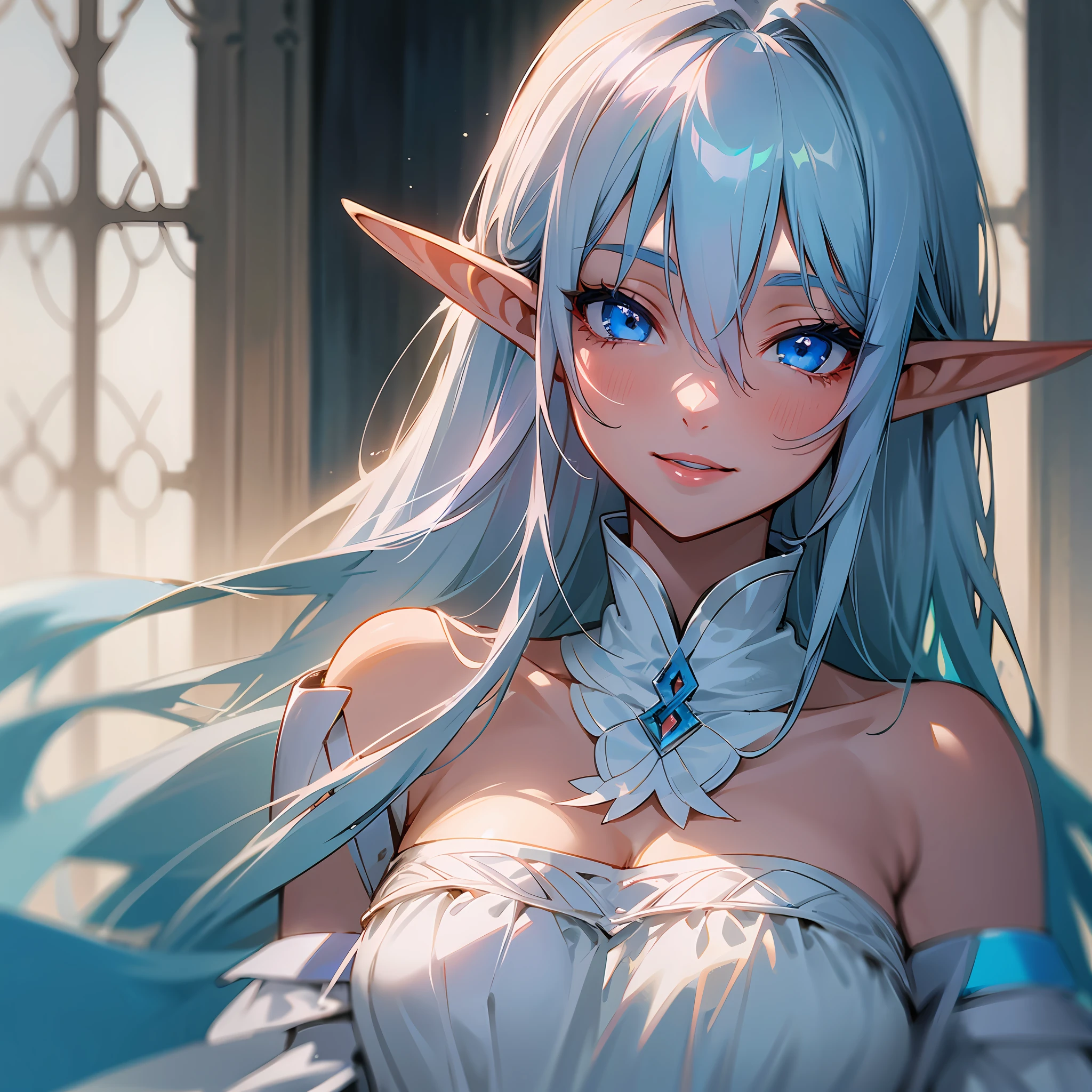 Anime-style image of an elf with white, straight, large, fringed hair. Blue eyes, fair skin, delicate appearance, smiling, reddened lips and wearing a simple white dress. --auto --s2