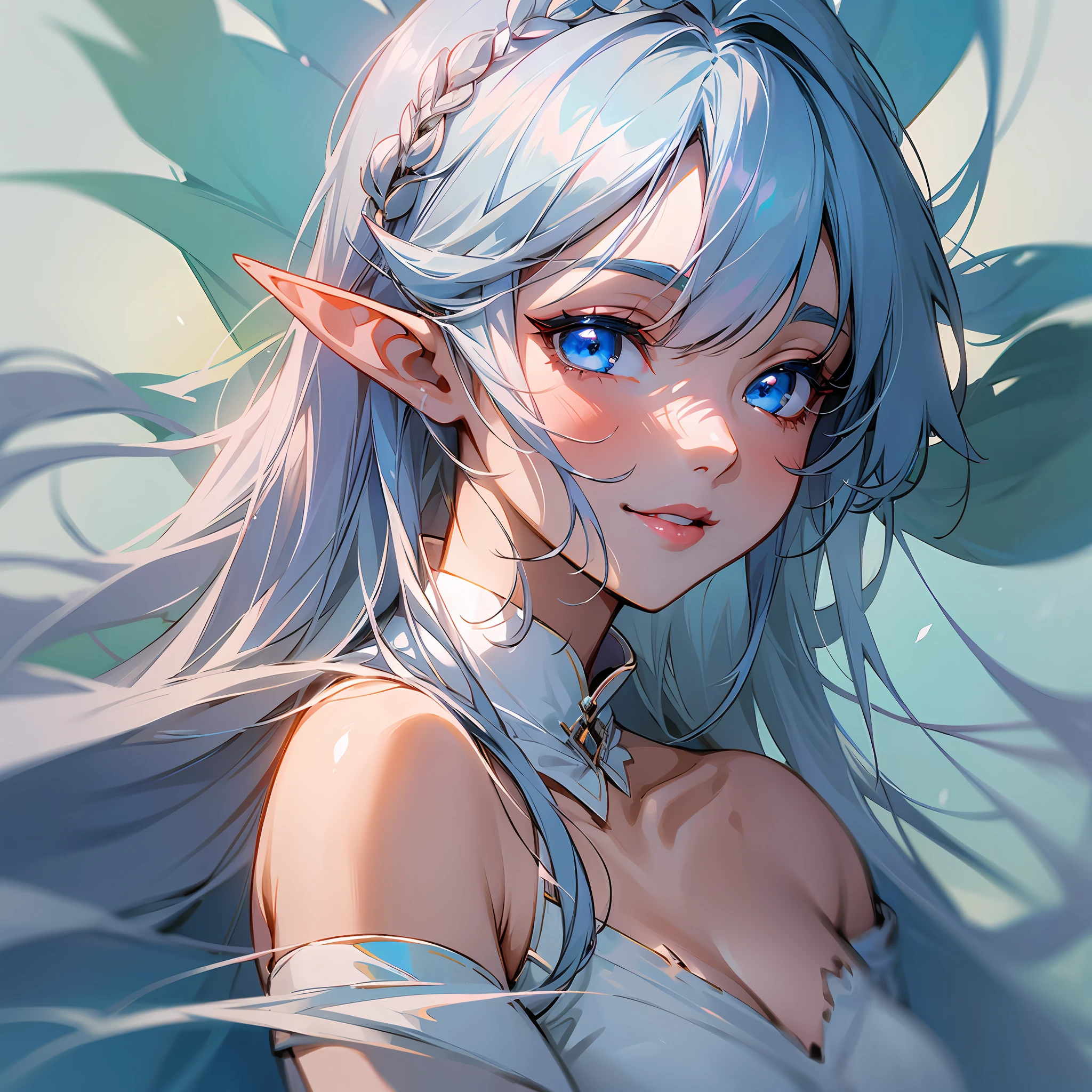 Anime-style image of an elf with white, straight, large, fringed hair. Blue eyes, fair skin, delicate appearance, smiling, reddened lips and wearing a simple white dress. --auto --s2