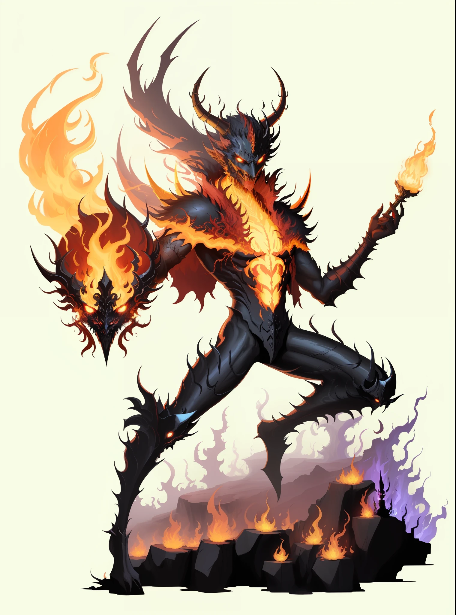 a drawing of a demon with a fire on his head, a humanoid thistle monster, fire demon, fire elemental, hastur the king in yellow, the fire king, symbiote, wendigo, human chimera, infernal nymph!!!, hylics artwork, carnage, spirit fantasy concept art, 6 billion demons style, demon soul concept art