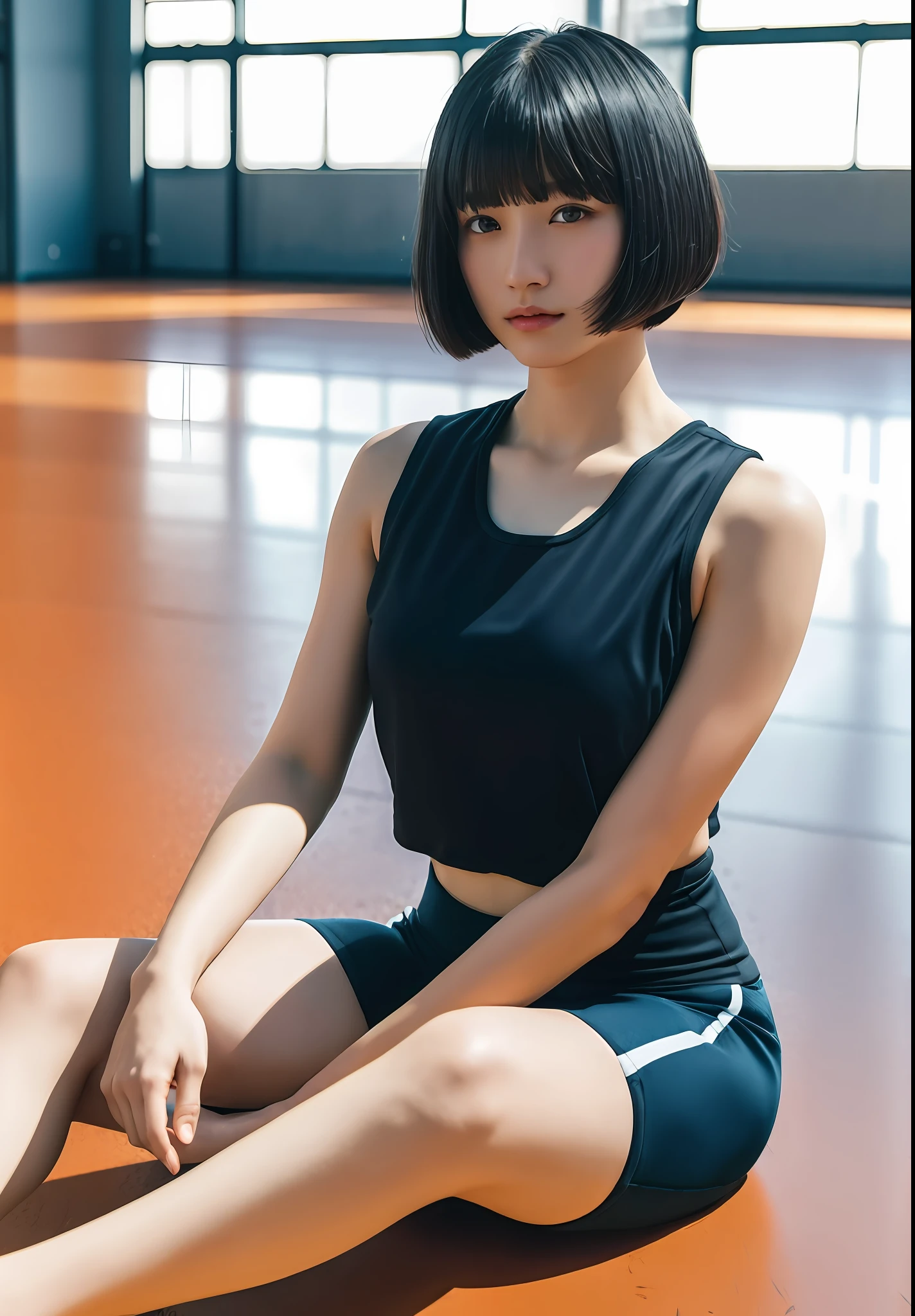 1 girl, black hair, bangs, bob-cut hair, wearing gym clothes, sitting on the floor with posture straight, in gymnasium, gymnastics equipment, depth of field, mental silence, transcendental tranquility, Absurdres, HDR, ultra detailed illustration, highly detailed face, RAW photography, film grain, deviantart trend, movie scene, natural light
