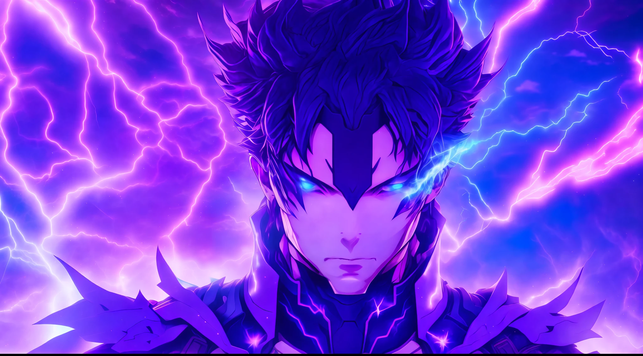 a close-up of a person with a purple and blue background full of lightning, glowing black aura, evil aura, 8k anime, an epic anime of a being with lightning powers, epic anime style, menacing aura, aura of darkness, evolving into his final form, glowing power aura, cosmic power glowing and flourishing, many lightning bolts surrounding the character