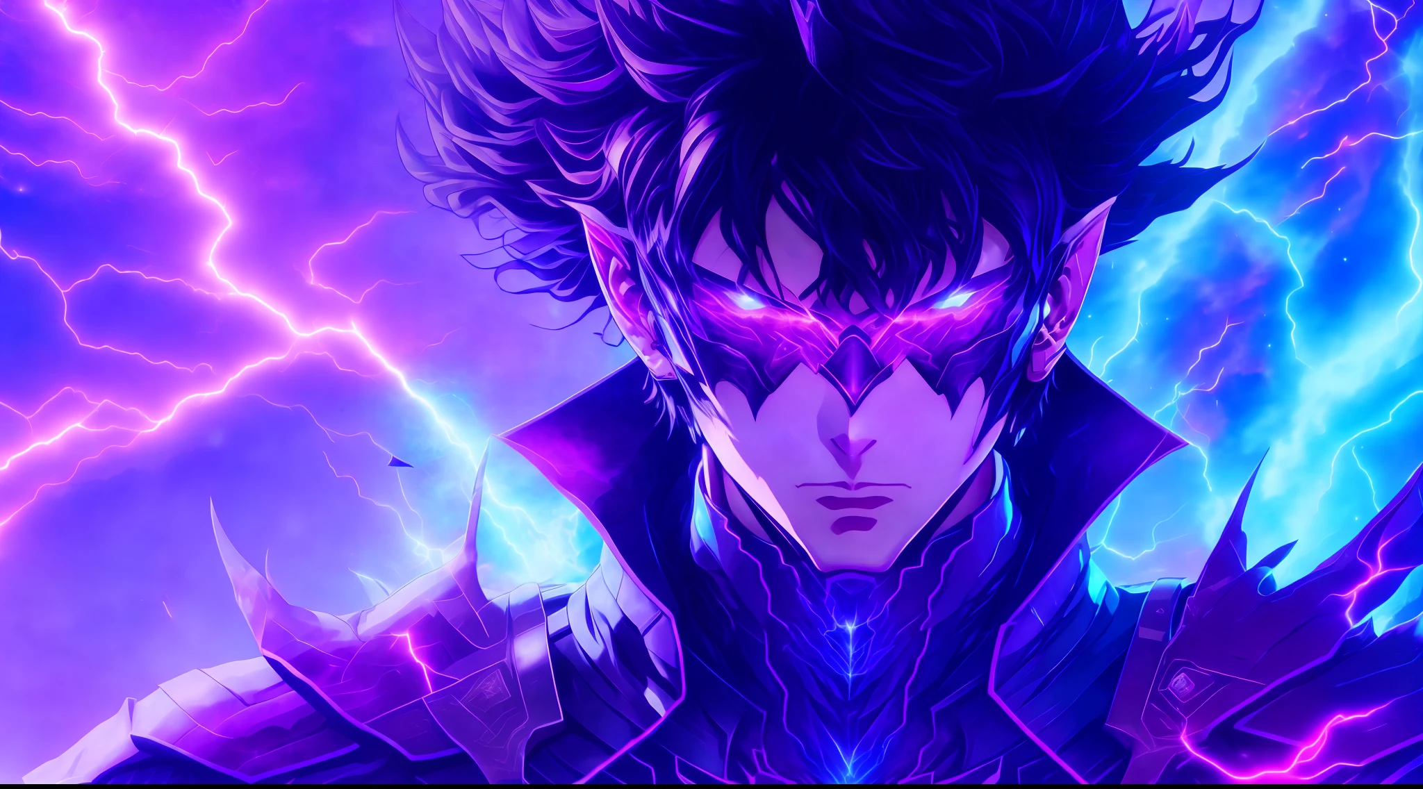 a close-up of a person with a purple and blue background full of lightning, glowing black aura, evil aura, 8k anime, an epic anime of a being with lightning powers, epic anime style, menacing aura, aura of darkness, evolving into his final form, glowing power aura, cosmic power glowing and flourishing, many lightning bolts surrounding the character