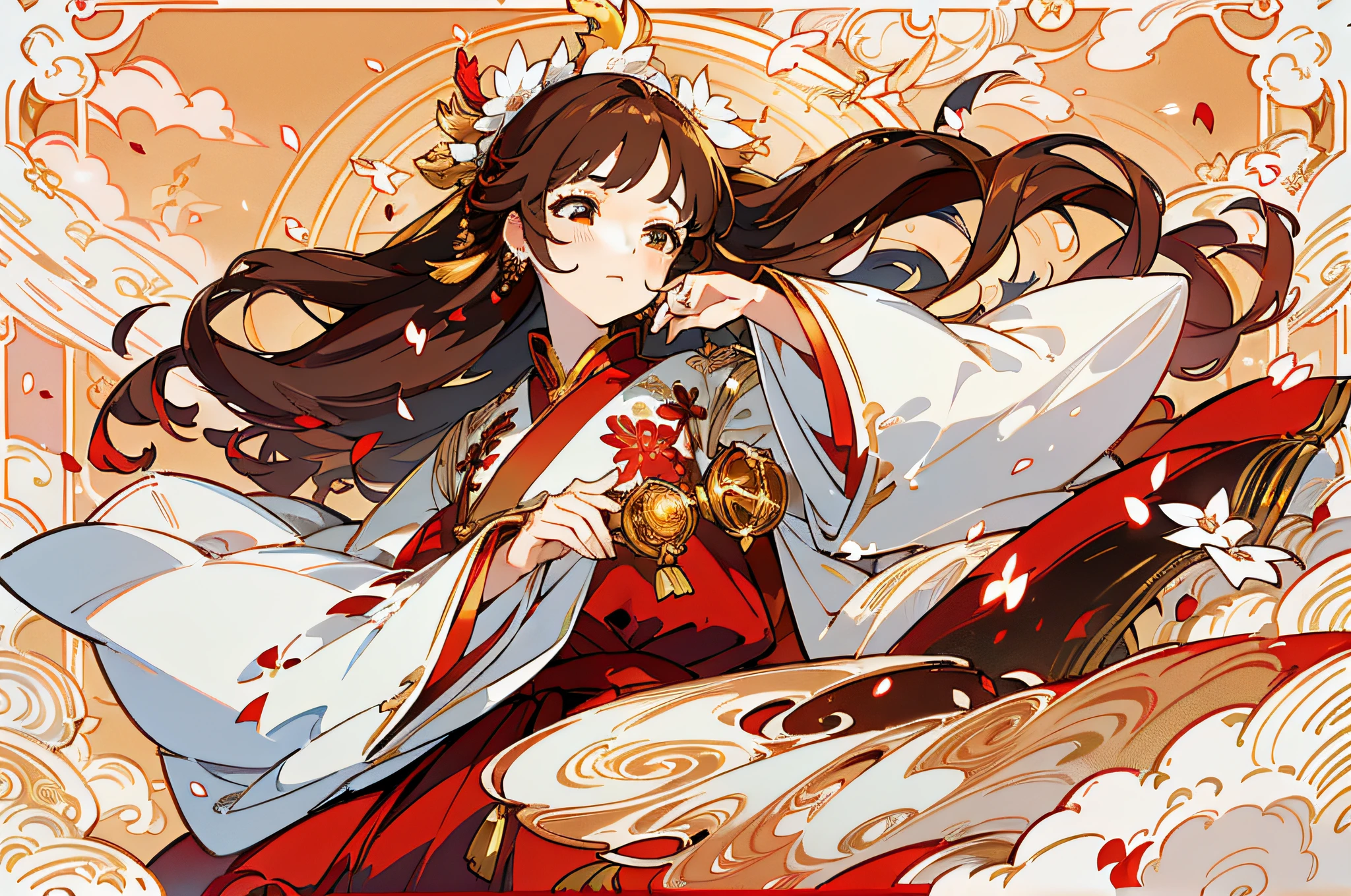 best quality, masterpiece, highres, (exquisite body: 1.5), beautiful face, (milky skin: 1.3), intricate details, high resolution, wallpaper, 1girl, solo, dress, hair ornament, ((((golden and red dress))), flowers, long hair, brown hair, closed mouth, jewelry, long sleeves, hand up, wide sleeves, big eyes, floating hair, chinese clothes, hanfu, embroidery, long skirt, natural pose,  falling petals, interior, fanning, flashlight, 16K, HDR, highres, depth field, (film grain: 1.1), boken, golden hour, (lens flare), vignette, rainbow, (color rating: 1.5)