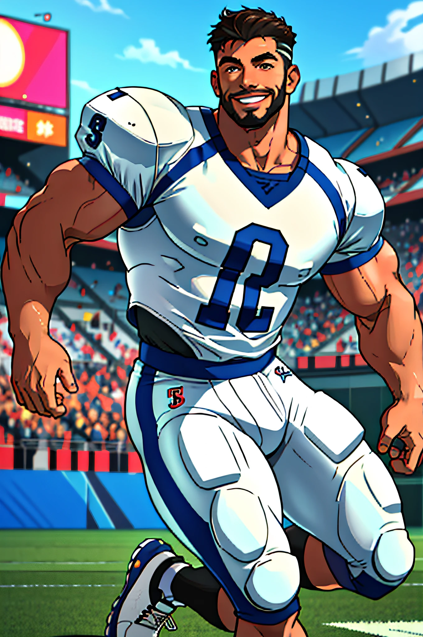 Best quality, masterpiece, ultra high res,detailed background,realistic,solo,male,mature,bara,muscular,short hair,facial hair,school,full body,football player,Football Field,sports,thick thighs,light smile,sneakers,depth of field,