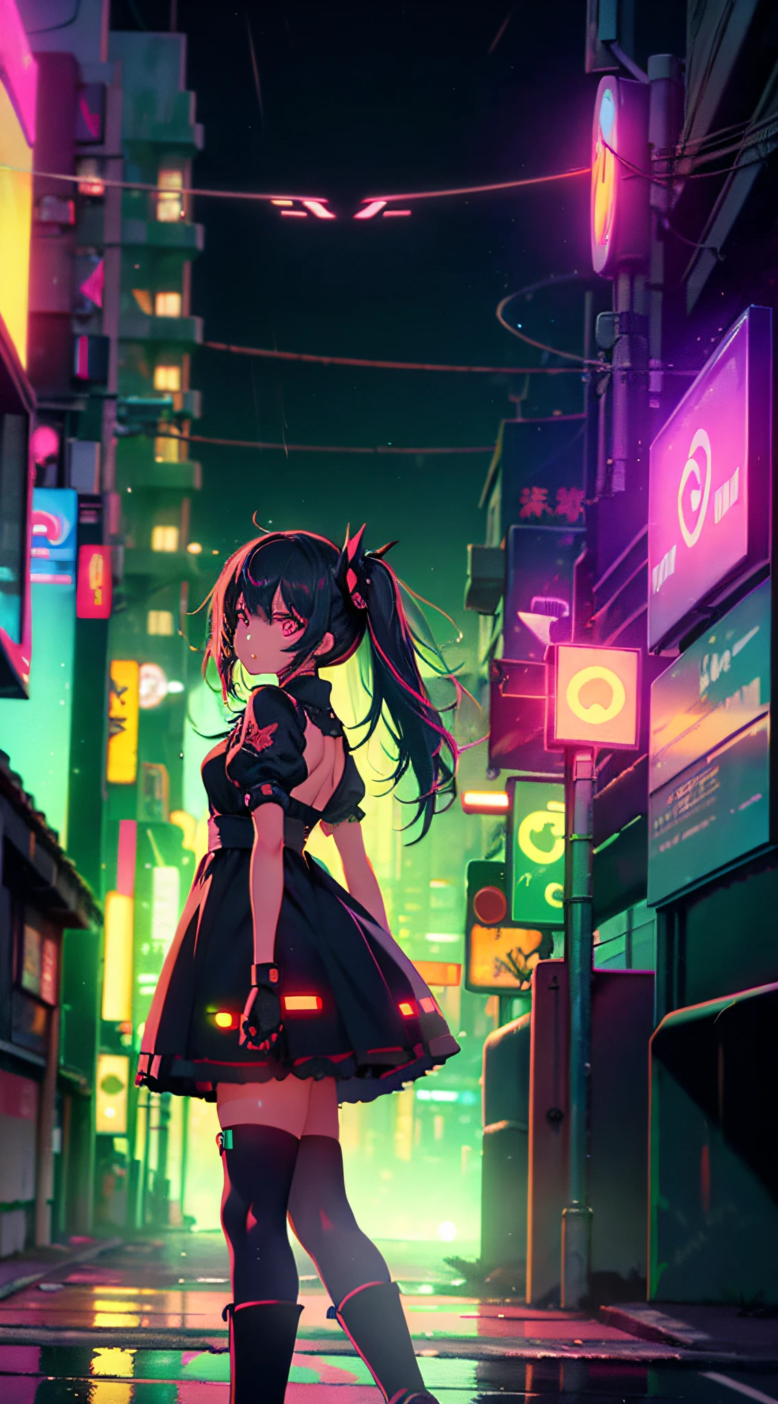 Night, colorful cyberpunk city background, rain, street, maid girl, loli, red eyes, glowing eyes, black stockings, backlight, glow, looking at the audience, low angle lens, looking up lens, perfect composition, perfect light and shadow delicate, 8k