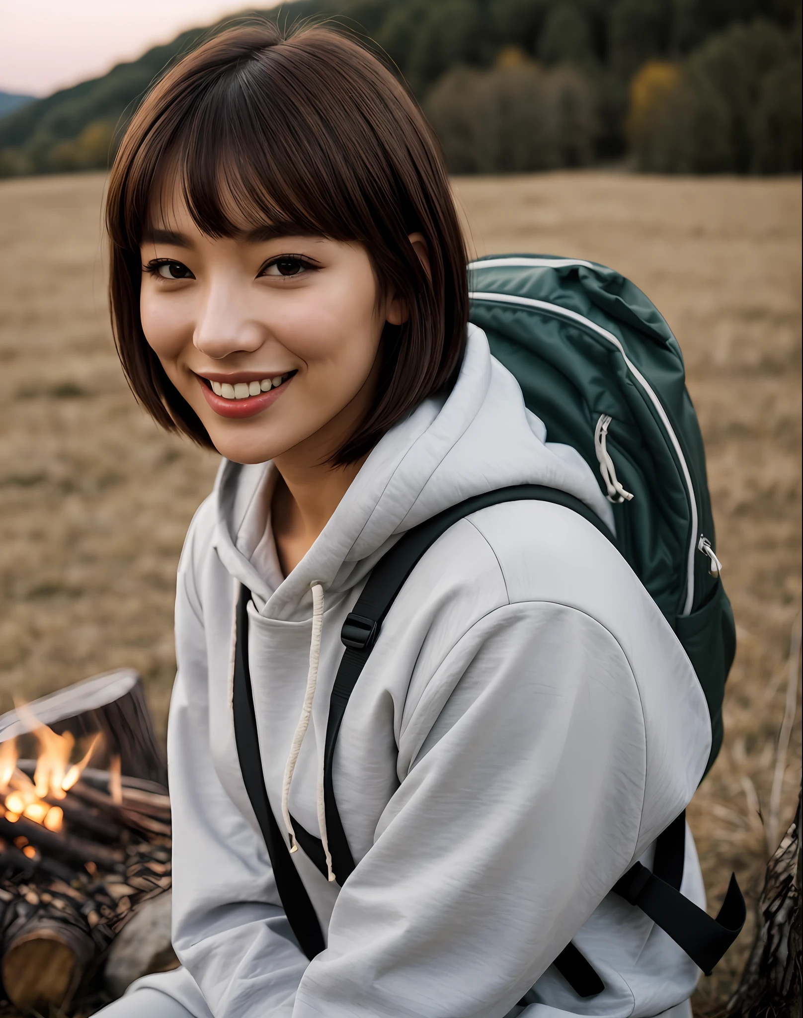 ((top quality, 8k, masterpiece: 1.3)), solo, Japan woman (24 years old, happy smile, highly detailed face and skin and hair texture, detailed eyes, double eyelids, white skin, beautiful delicate nose, bright hair color, bob cut hair), overhead camera, sharp focus: 1.2, while emphasizing the subject's hair, eyes, mouth, action, is pleasing to the eye, suggestive composition. ⠀
ground, outdoor, (night), mountain, nature, cheerful (stars, moon), wind, happiness, backpack, bag, sleep, bonfire, camping stove, mountain hoodie, mountain boots, lantern, rock, forest, stone, river, bonfire, wood, firewood, smoke, shadow, contrast, clear sky, style, (warm shade, warm tone)