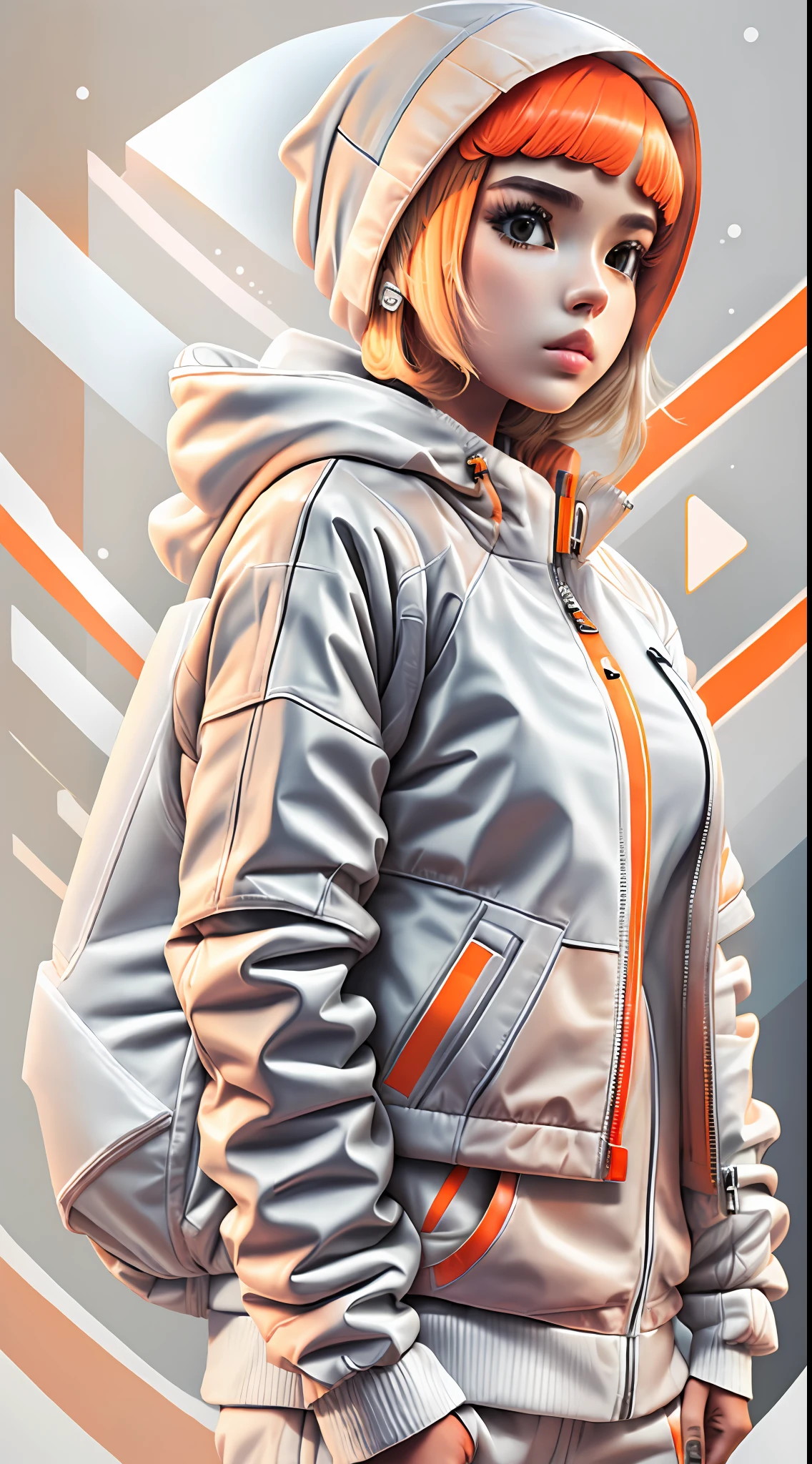 orange,white,1girl with puffer techwear jacket and hoodie(white:1.7)geometric:1.3,sexy,papercute:1.5 background