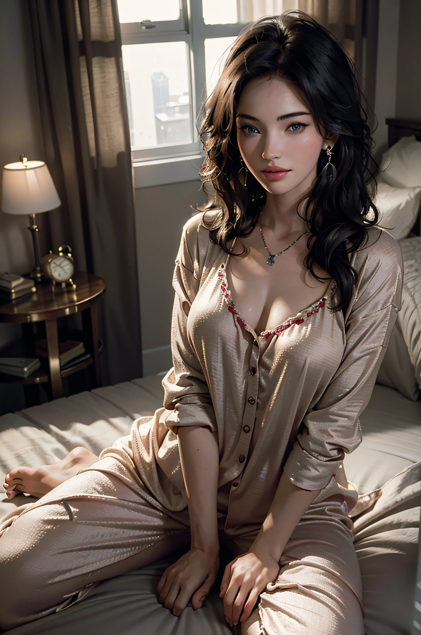 Best Quality, Masterpiece, Ultra High Resolution, (Realistic: 1.4), Original photo, 1 girl, smile, earrings, necklace, cinematic lighting, (Megan Fox: 1), pajamas, pajamas, pajamas, sitting on bed, homely environment, moody lighting, light through hair