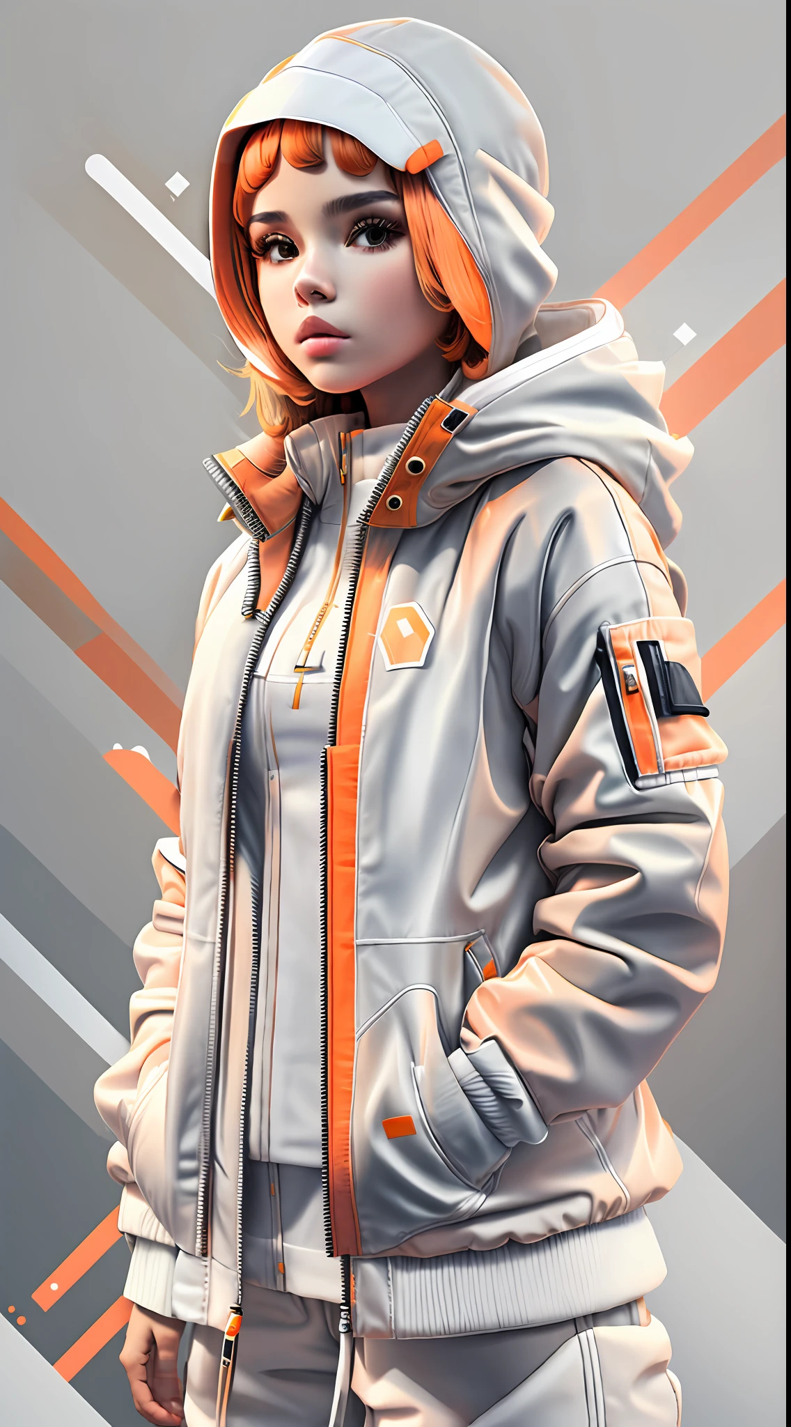 orange,white,1girl with puffer techwear jacket and hoodie(white:1.7)geometric:1.3,sexy,papercute:1.5 background