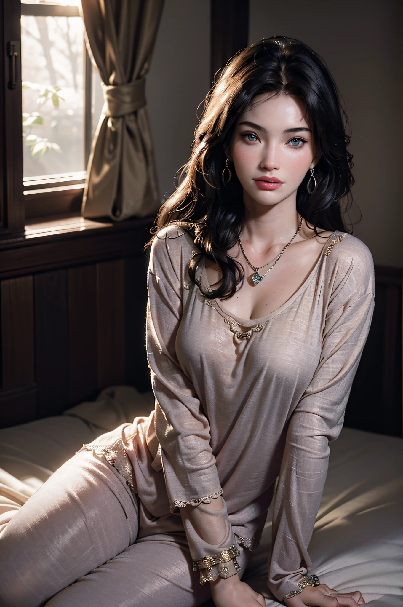 Best Quality, Masterpiece, Ultra High Resolution, (Realistic: 1.4), Original photo, 1 girl, smile, earrings, necklace, cinematic lighting, (Megan Fox: 1), pajamas, pajamas, pajamas, sitting on bed, homely environment, moody lighting, light through hair