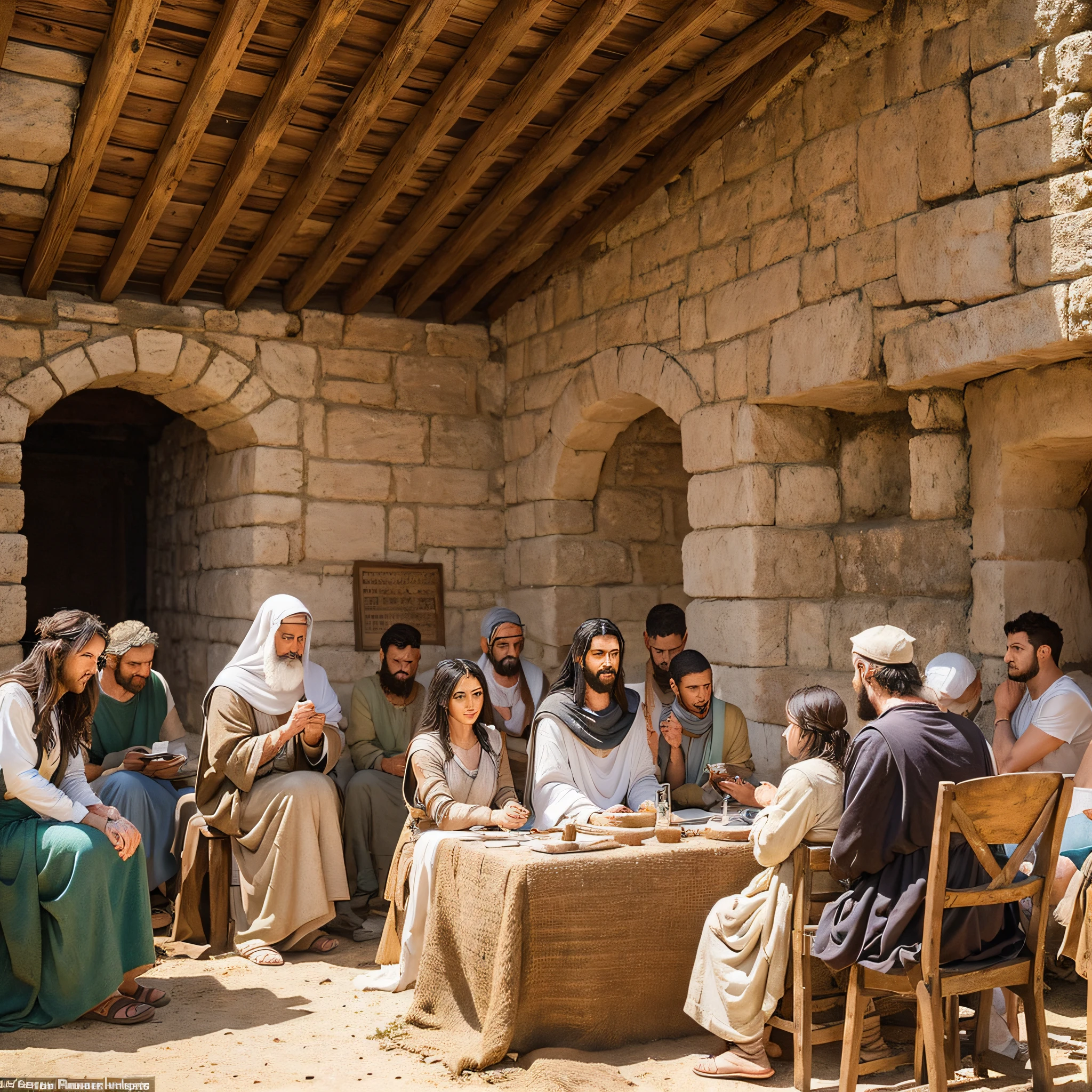 Rustic setting in a biblical scene: Jesus of Nazareth teaching on top of a mountain, creating a historical and authentic atmosphere. (en)