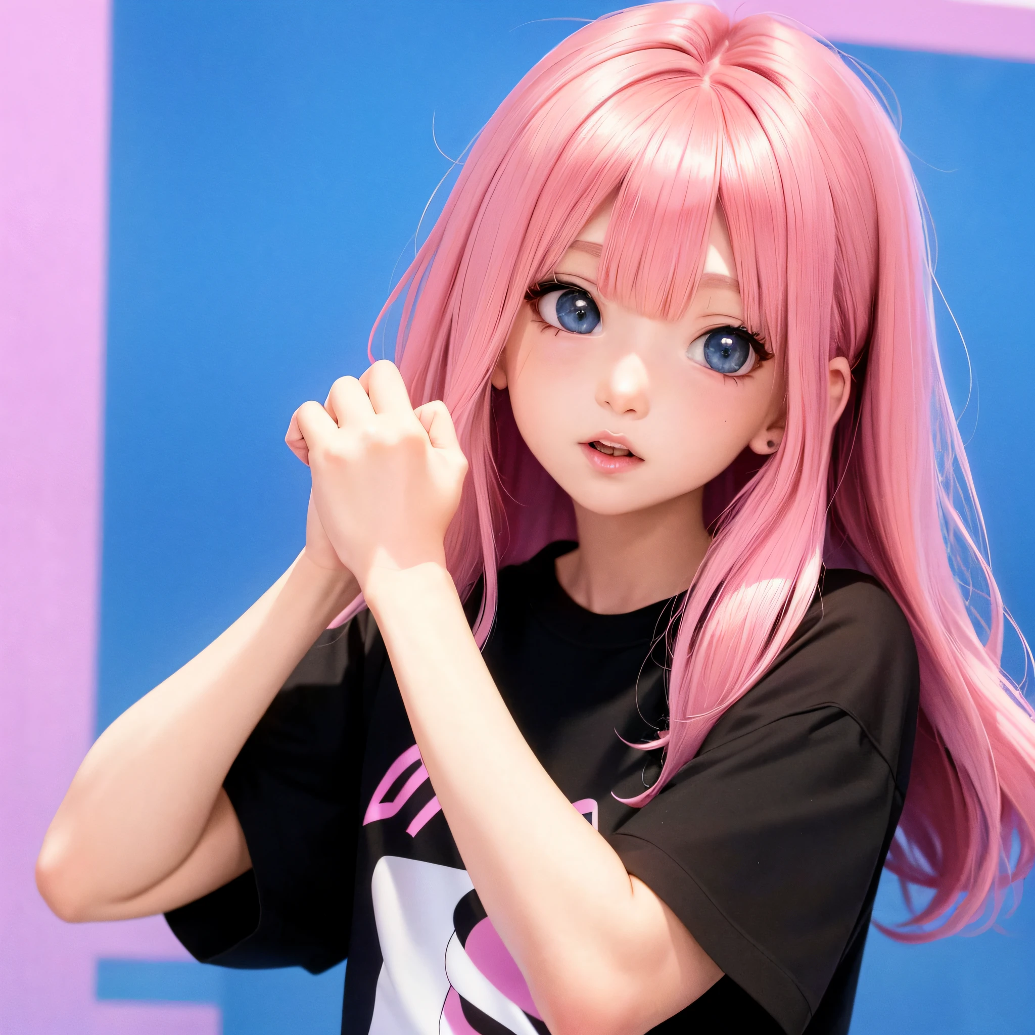 there is a girl with pink hair and a black shirt, pink twintail hair and cyan eyes, realistic young anime girl, young anime girl, close up of a young anime girl, anime barbie doll, anime girl in real life, cute girl with short pink hair, portrait of cute anime girl, the anime girl is crouching, with pink hair