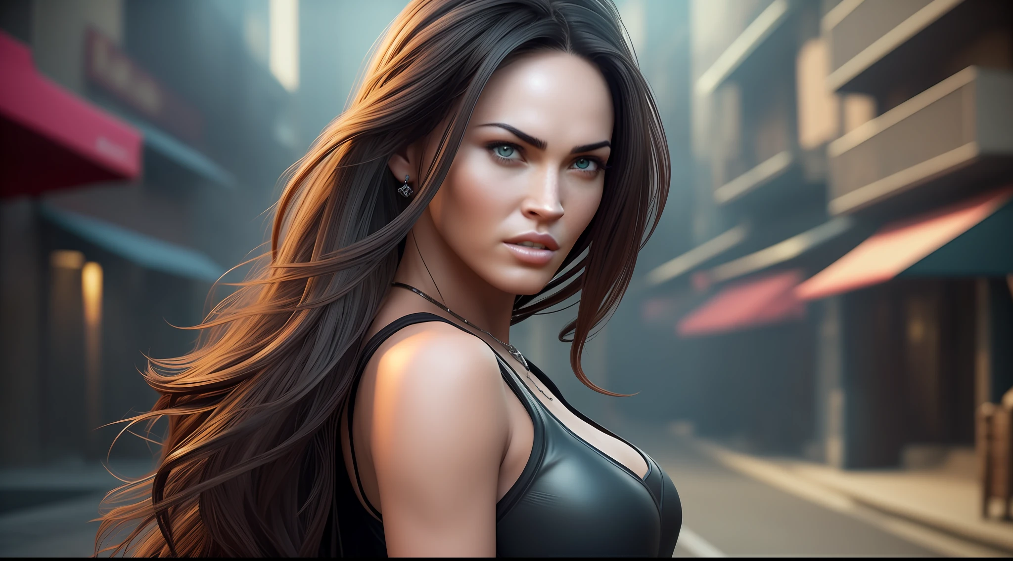 "Generate an image of a character in the following setting:
Character Appearance:
- The character's face should resemble Megan Fox's with an extremely realistic depiction, ensuring an extremely detailed face representation.
**(realistic) (photorealistic: 1.2) (best quality: 1.2) (detailed face: 1.4)**
-The character should have brown color almond-shaped eyes. **(beautifully detailed eyes: 1.2)**
- The character's body should match Megan Fox's.
- Dress the character in a cyberpunk-style outfit.
- Show the character in a full-body view.
- The character should have ultra black hair reaching waist length.
Environment:
- Depict the character in Largo da Ordem, Curitiba, with an atmosphere that conveys an obscure and shadowy ambiance of a penumbral night.
-Colonial church.
- Ensure the location is empty, without any people present.
- Generate the image at an 8K resolution. To avoid distortion in the character's face, please consider the following parameters:
- Apply a suitable level of smoothing to preserve facial details while reducing noise.
- Adjust the sharpness parameter to maintain facial features without excessive blurring.
- Generate the image at a high resolution of 8K to ensure clarity and fine details. - Maintain a balanced color representation to accurately depict the character's appearance.
Produce an image that combines all these elements to create a visually appealing, realistic, and detailed depiction of the character in the specified environment, showcasing the character in a standing position. Ensure the character's featuring ultra black, extremely straight hair reaching the waist. Ensure that the eyes are brown color.