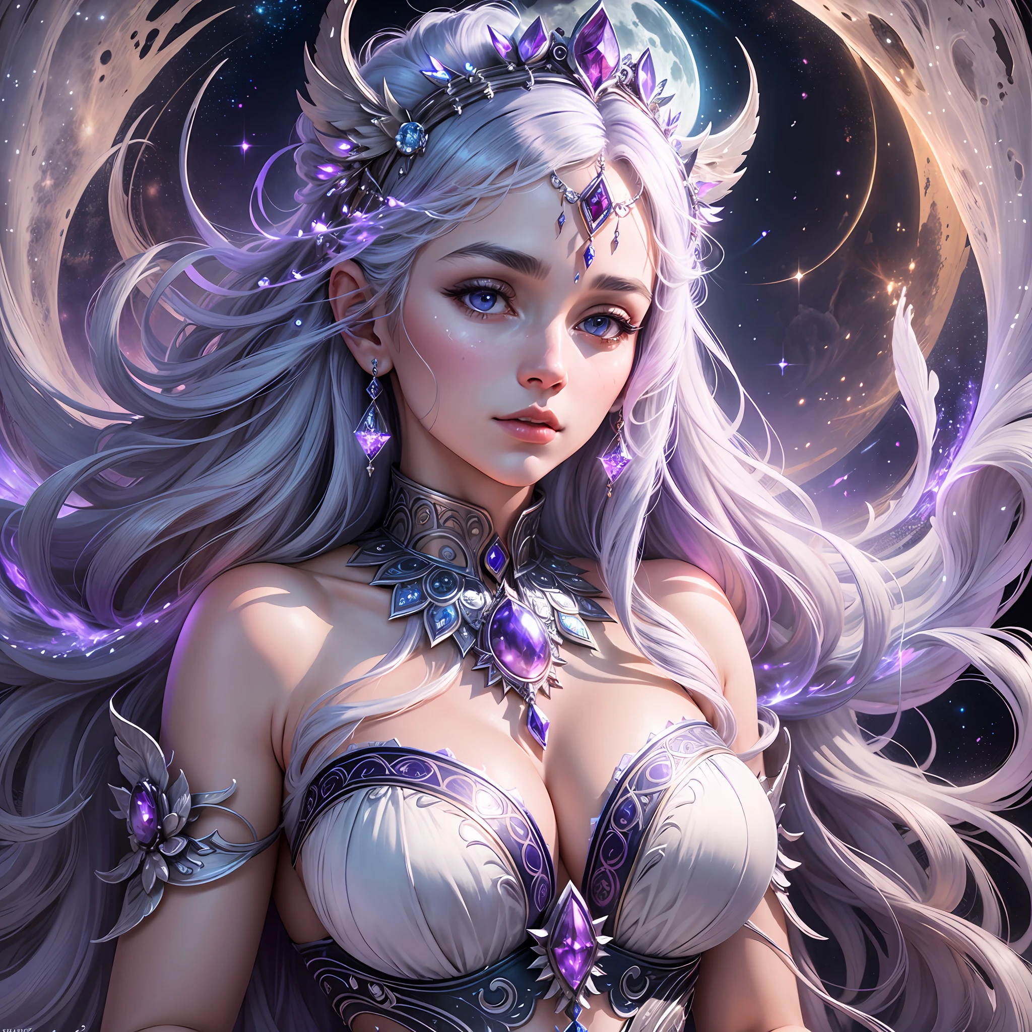 (extremely detailed and high quality CG unity 8k wallpaper), an extremely beautiful and majestic depiction of the goddess of the moon and magic, Selene Deusa Lua, surrounded by glowing crystals and moonlit clouds, with a sense of powerful divinity and grace, floating in a dream-like space, high resolution and dynamic angle, with intricate details on her silver hair, flowing dress, and stoic face, best illumination and shadow to enhance the ethereal atmosphere and draw attention to her divine presence, with subtle hints of purple and blue tint to add depth and mystery. --auto --s2
