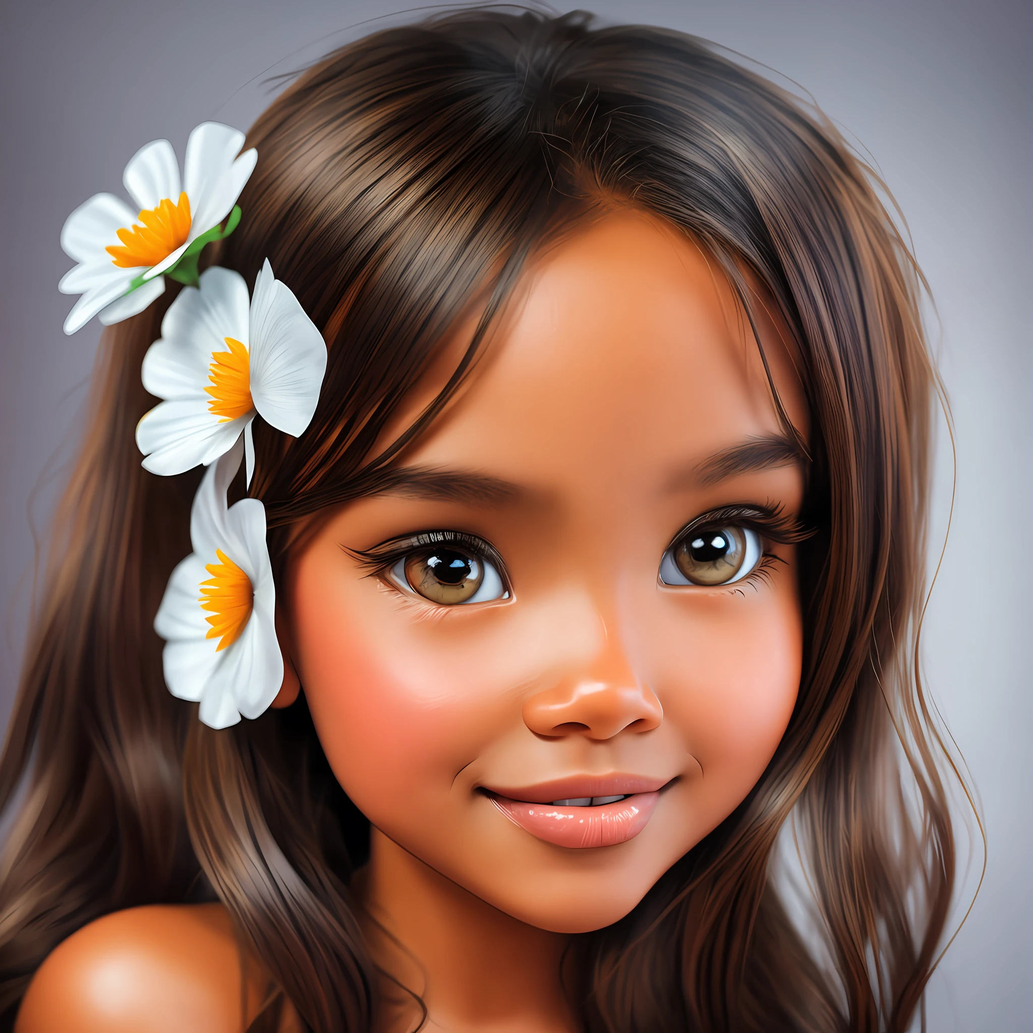 realistic portrait 1 girl with a flower in her hair, clean photo, breathtaking rendering, (tanned skin), instagram art, detailed facial affections, featured in 9 9 designs, gentle smile, realistic cartoon, (big sweet eyes), fish eyes, angelic purity, artist used bright, like a pixar character, exceptionally unique beauty, dark skin tone, hi mark (akwaaba chibi,tommy)